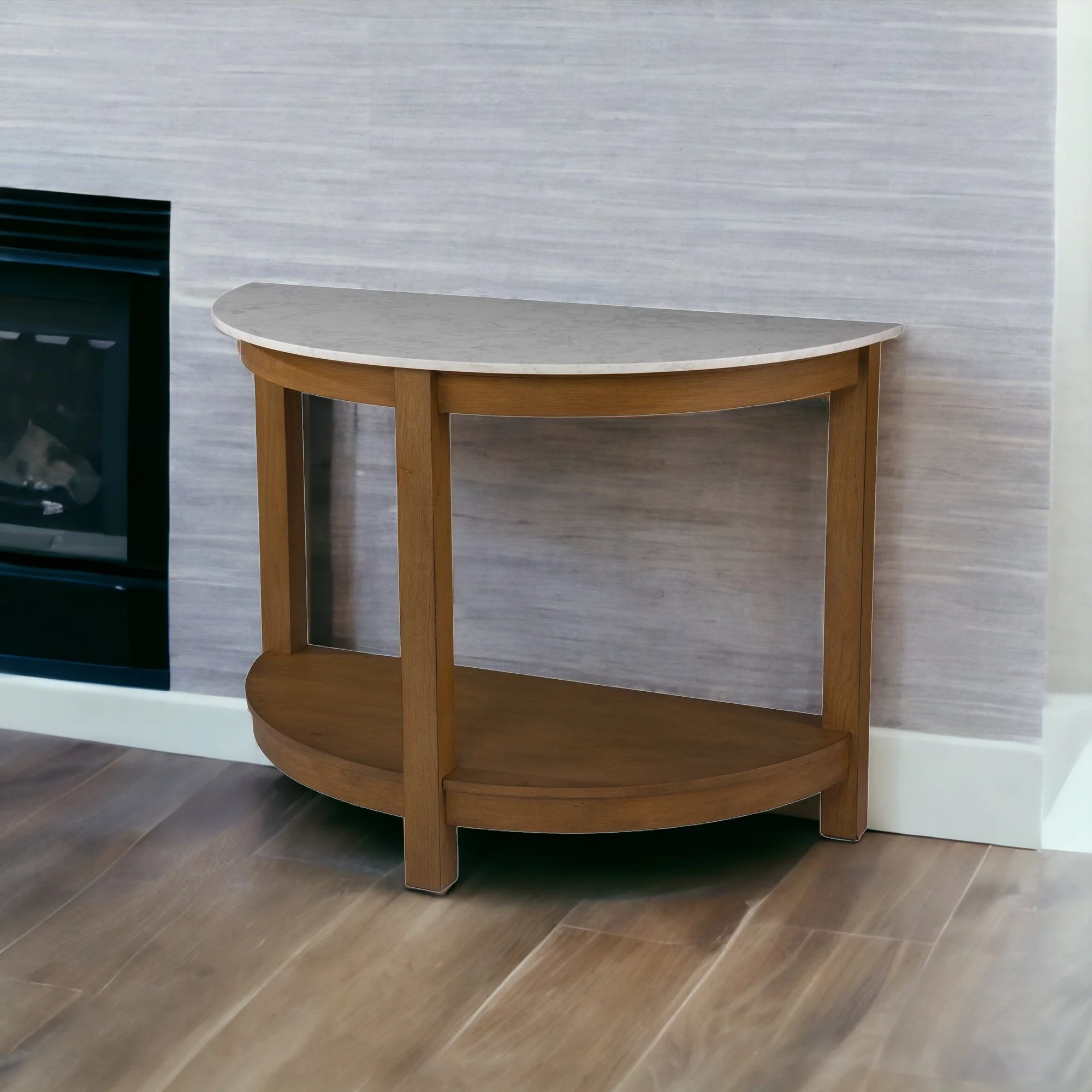 42" White and Natural Faux Marble Half Circle Three Leg Console Table With Storage By Homeroots - Image 8