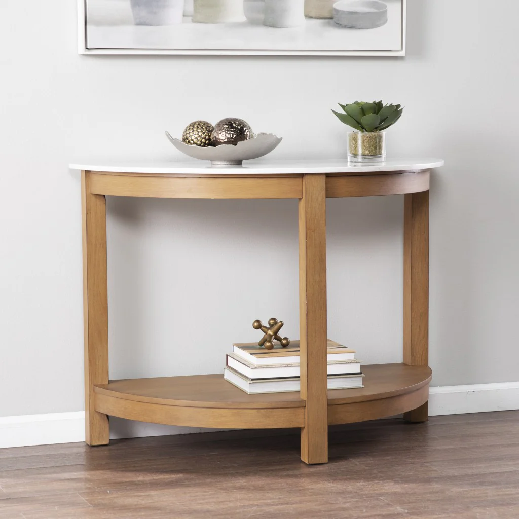 42" White and Natural Faux Marble Half Circle Three Leg Console Table With Storage By Homeroots - Image 9