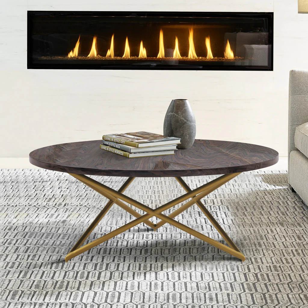 43" Brown And Gold Genuine Marble Round Coffee Table By Homeroots - Image 4