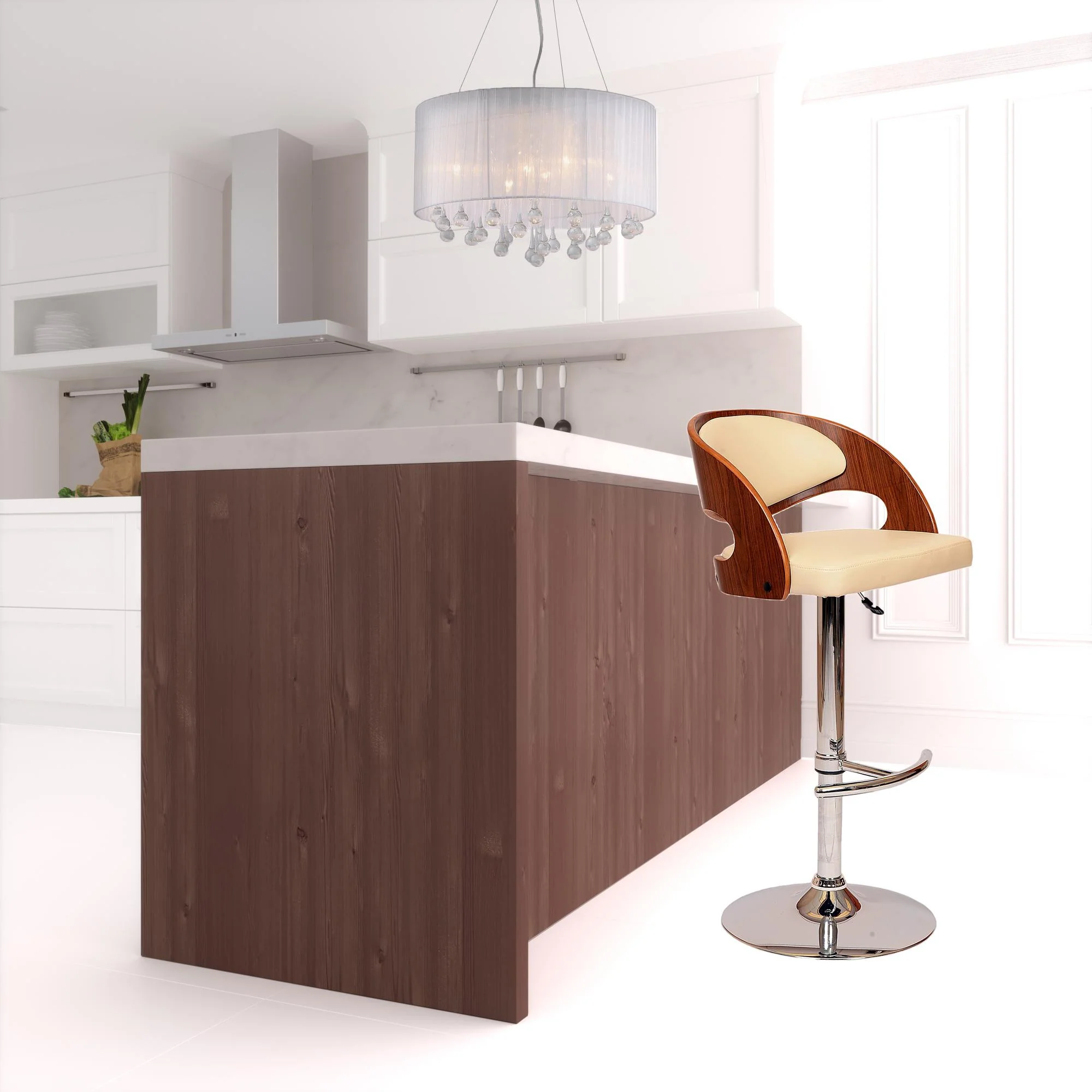 43" Cream And Brown Faux Leather And Solid Wood Swivel Low Back Adjustable Height Bar Chair With Footrest By Homeroots - Image 3