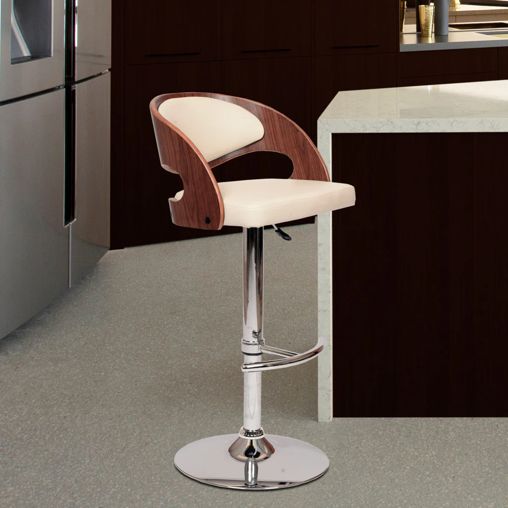 43" Cream And Brown Faux Leather And Solid Wood Swivel Low Back Adjustable Height Bar Chair With Footrest By Homeroots - Image 5