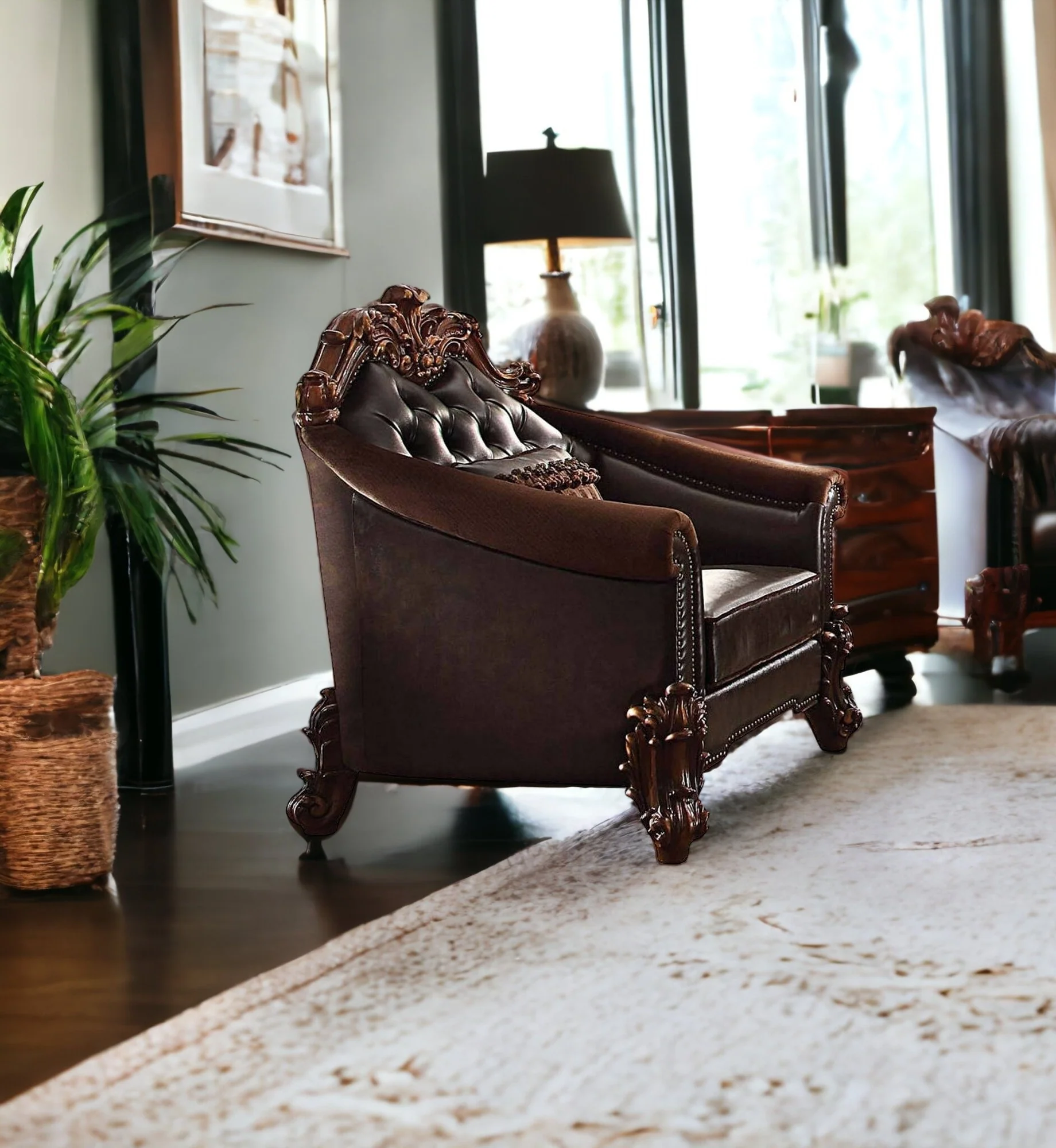 43" Dark Brown Faux Leather Tufted Barrel Chair By Homeroots - Image 3