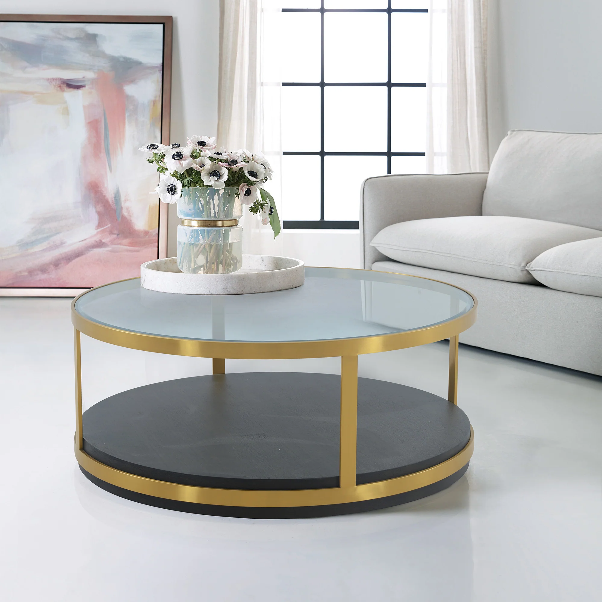 43" Glass And Brown Solid Wood Round Coffee Table With Shelf By Homeroots - Image 6