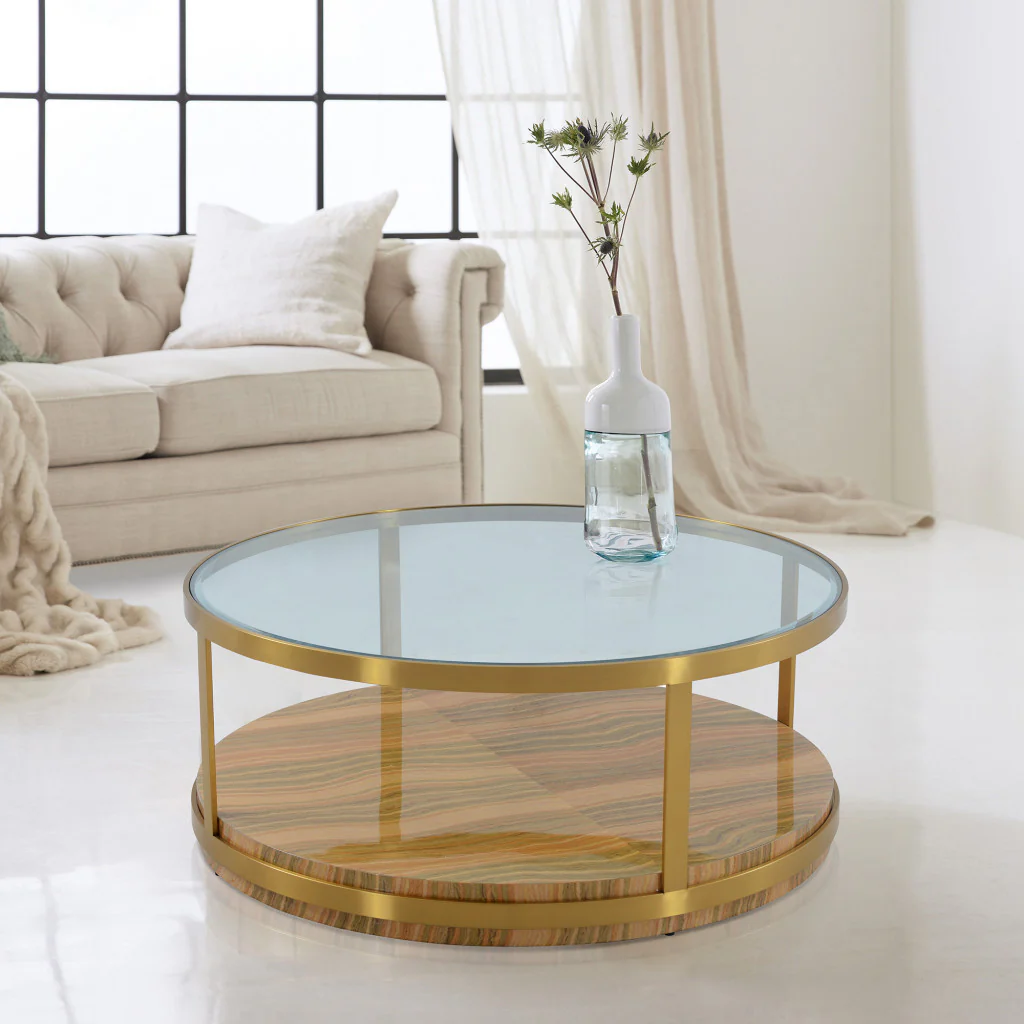 43" Glass And Gold Glass Round Coffee Table With Shelf By Homeroots - Image 7