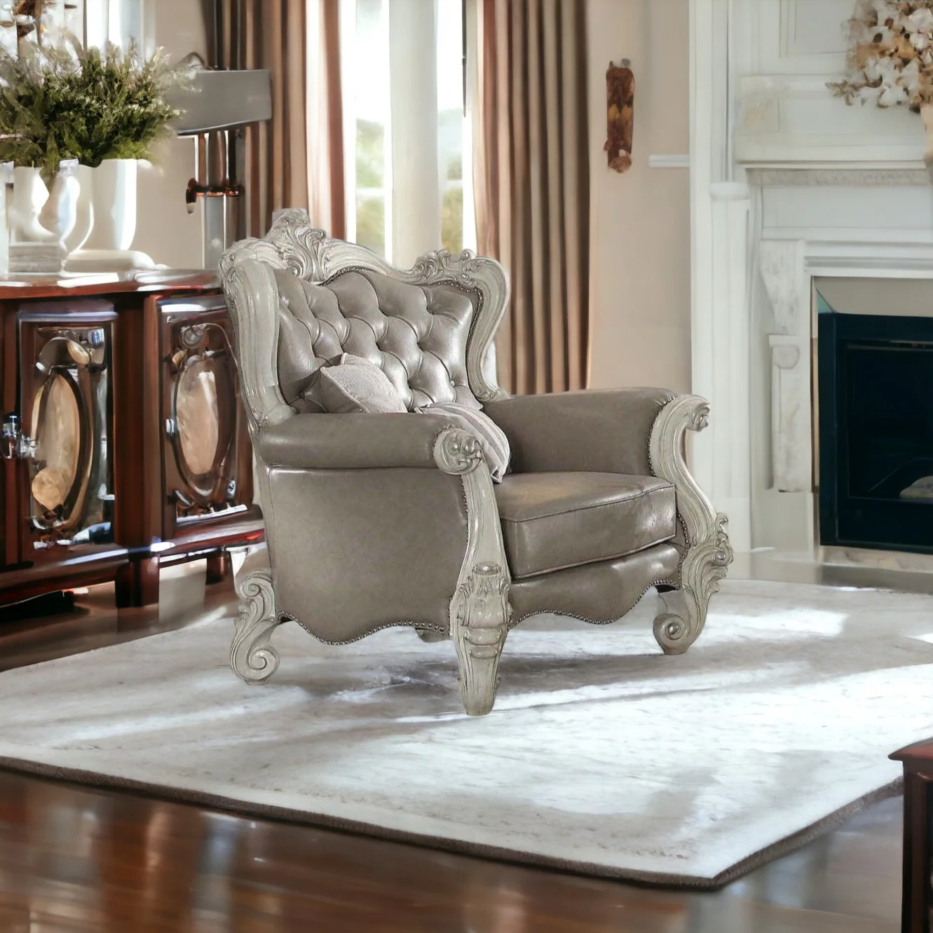 43" Gray and Bone Faux Leather Tufted Wingback Chair By Homeroots - Image 2
