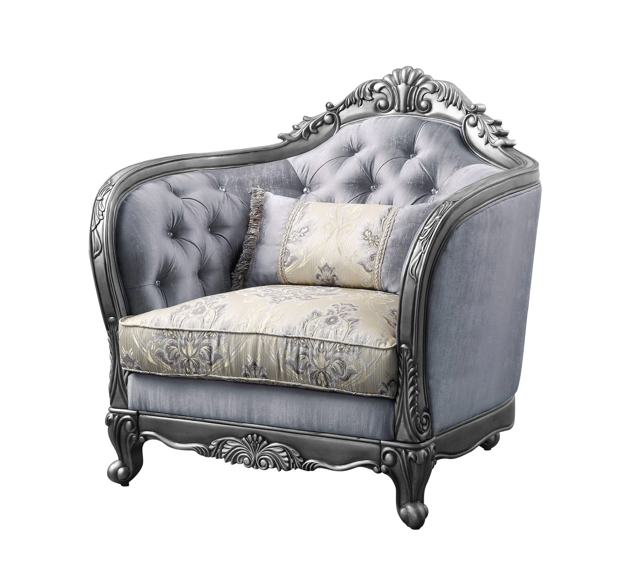 43" Light Gray Fabric And Platinum Floral Tufted Arm Chair By Homeroots - Image 2