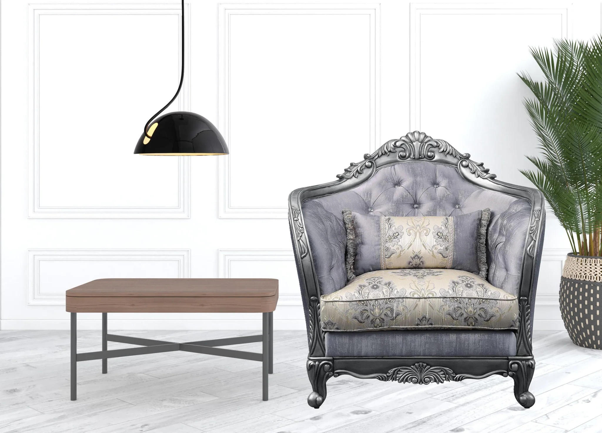 43" Light Gray Fabric And Platinum Floral Tufted Arm Chair By Homeroots - Image 4