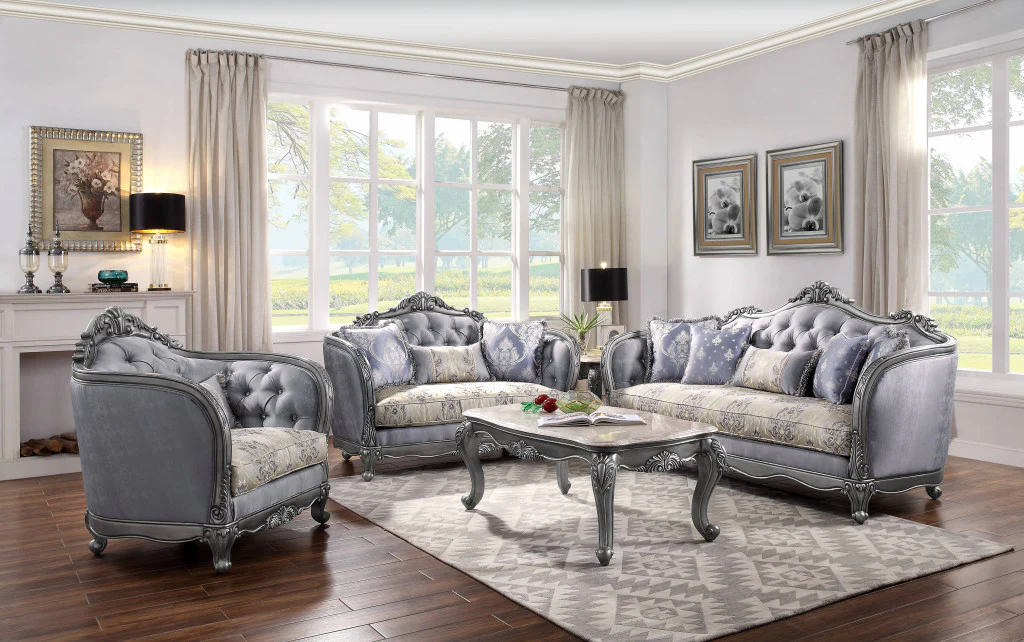 43" Light Gray Fabric And Platinum Floral Tufted Arm Chair By Homeroots - Image 5