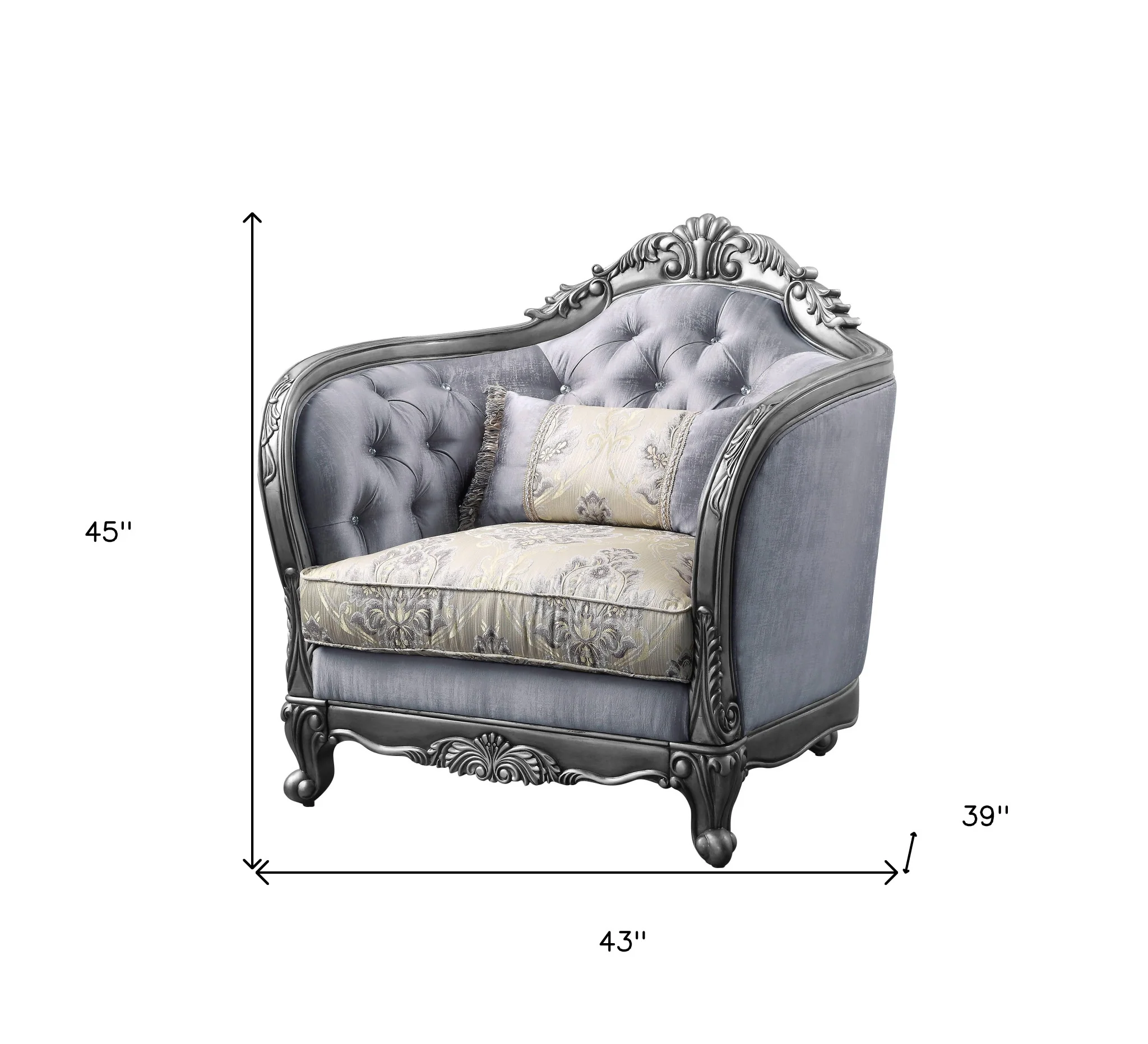 43" Light Gray Fabric And Platinum Floral Tufted Arm Chair By Homeroots - Image 6