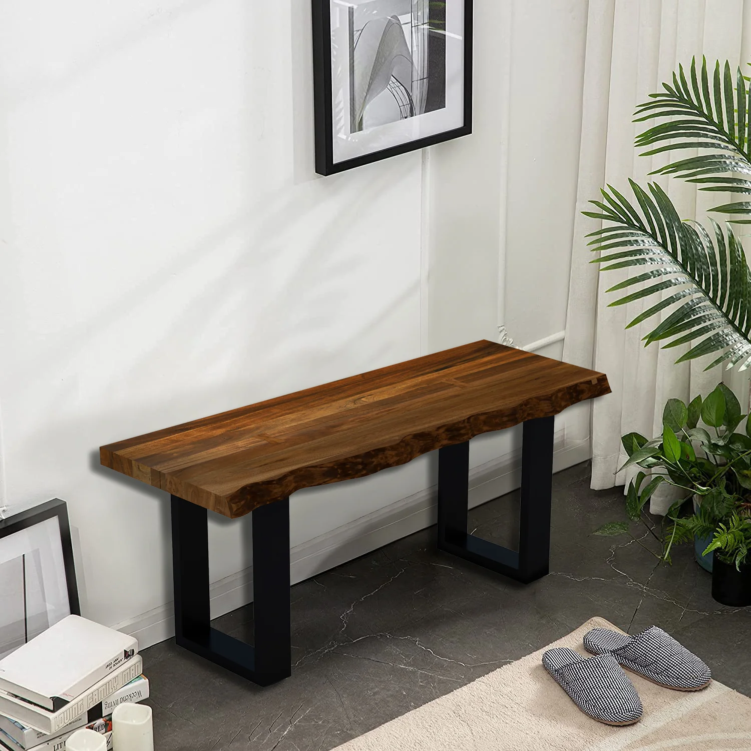 43" Live Edge Acacia Wood Bench with Black Metal Legs By Homeroots - Image 2