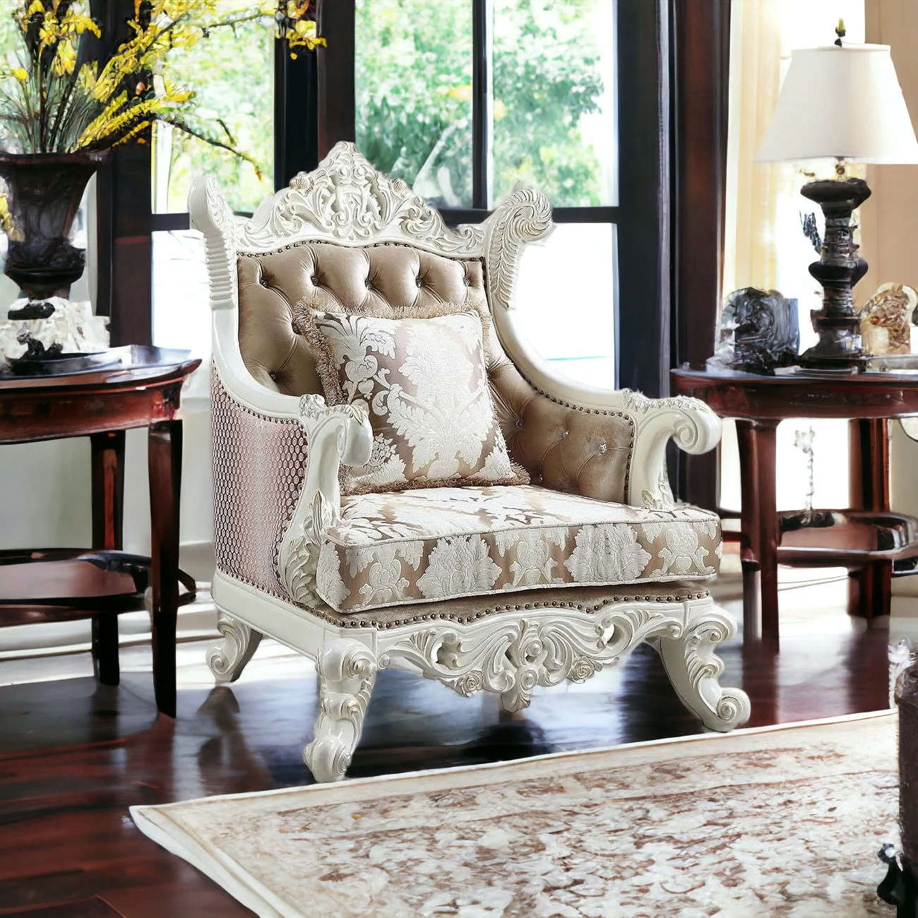 43" Tan And White Fabric Floral Wingback Chair By Homeroots - Image 3