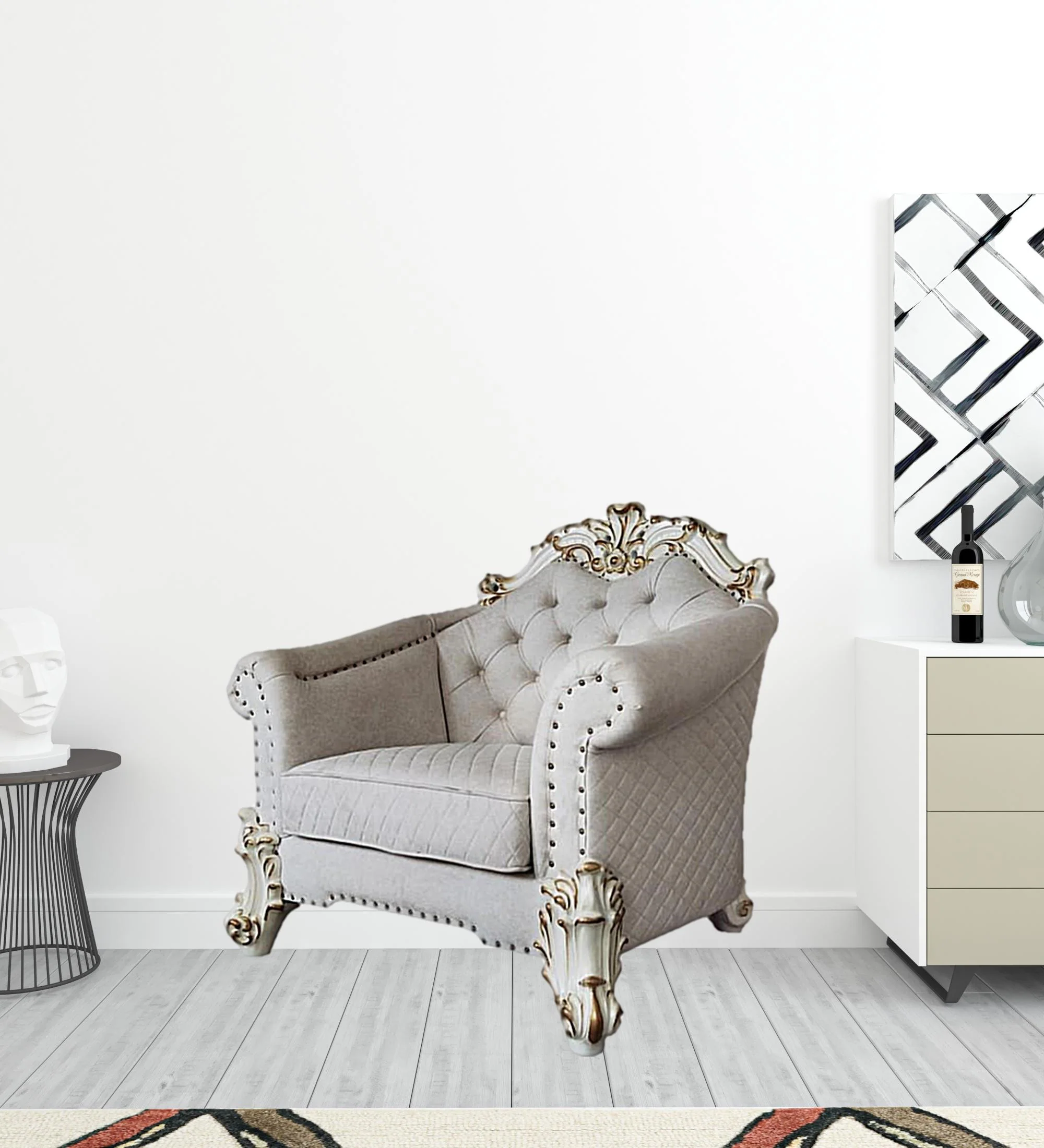 43" Two Tone Ivory Fabric And Antique Pearl Striped Arm Chair By Homeroots - Image 2
