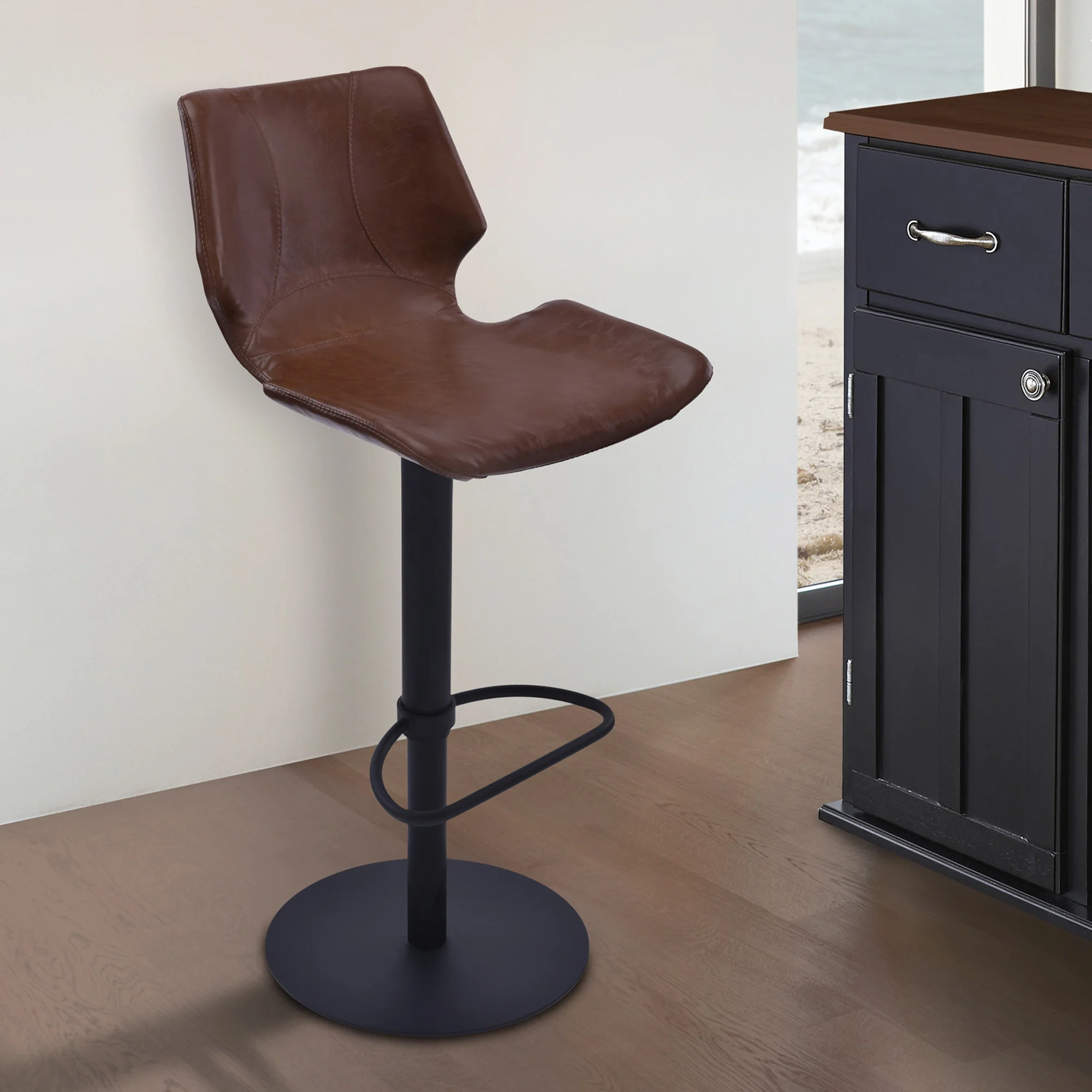 43" Vintage Coffee Faux Leather And Iron Swivel Adjustable Height Bar Chair By Homeroots - Image 6