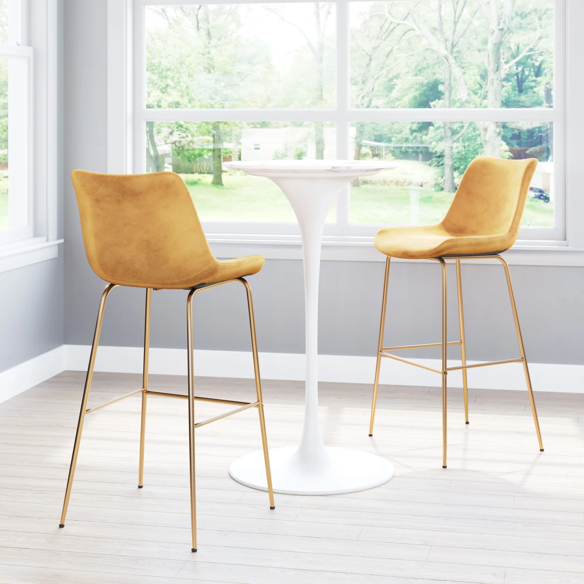 43" Yellow Velvet And Gold Steel Low Back Bar Height Chair With Footrest By Homeroots - Image 7