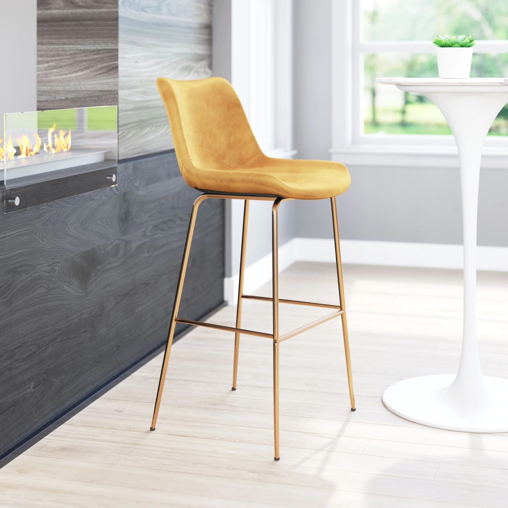 43" Yellow Velvet And Gold Steel Low Back Bar Height Chair With Footrest By Homeroots - Image 8