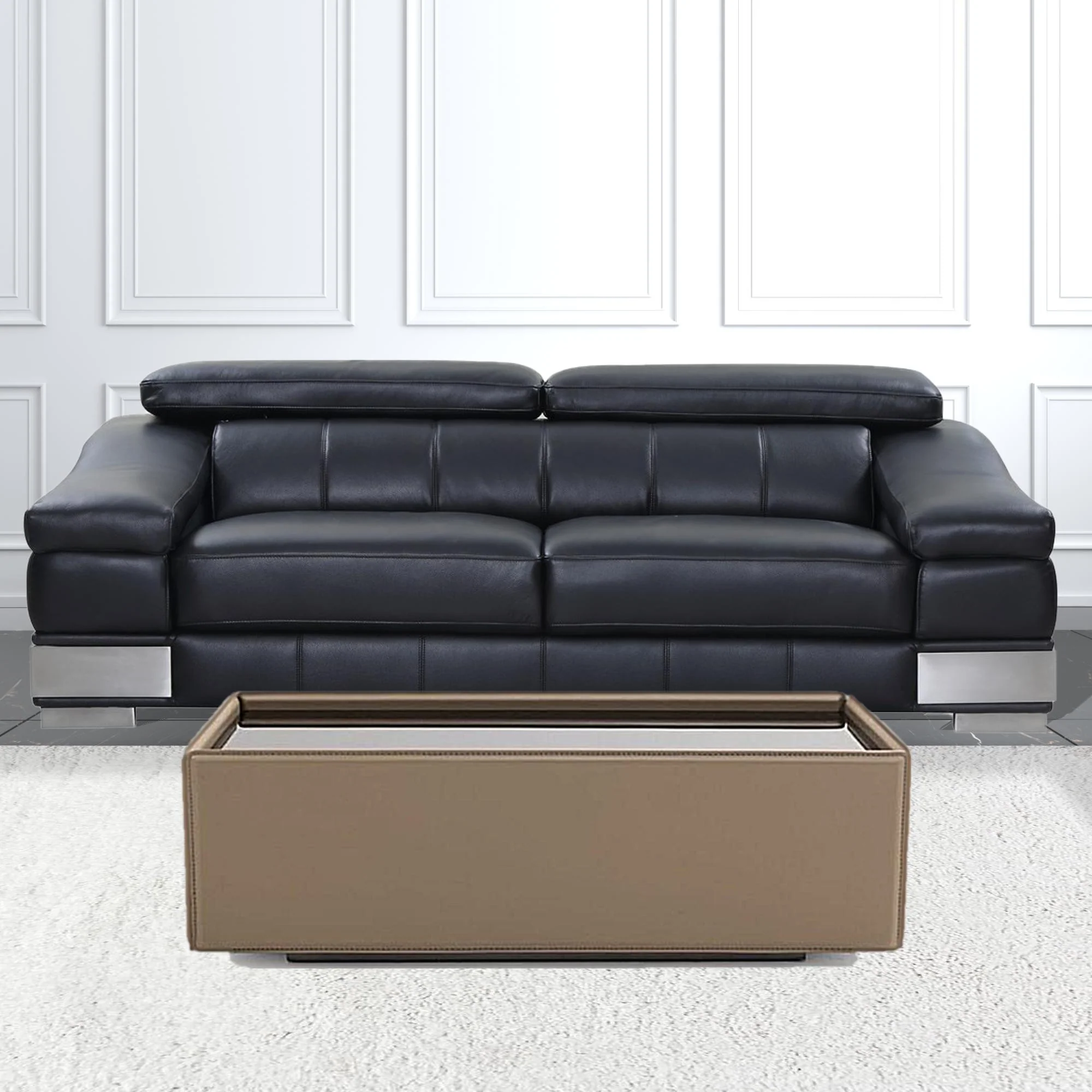44" Beige And Black Faux Leather and Glass Rectangular Coffee Table By Homeroots - Image 2