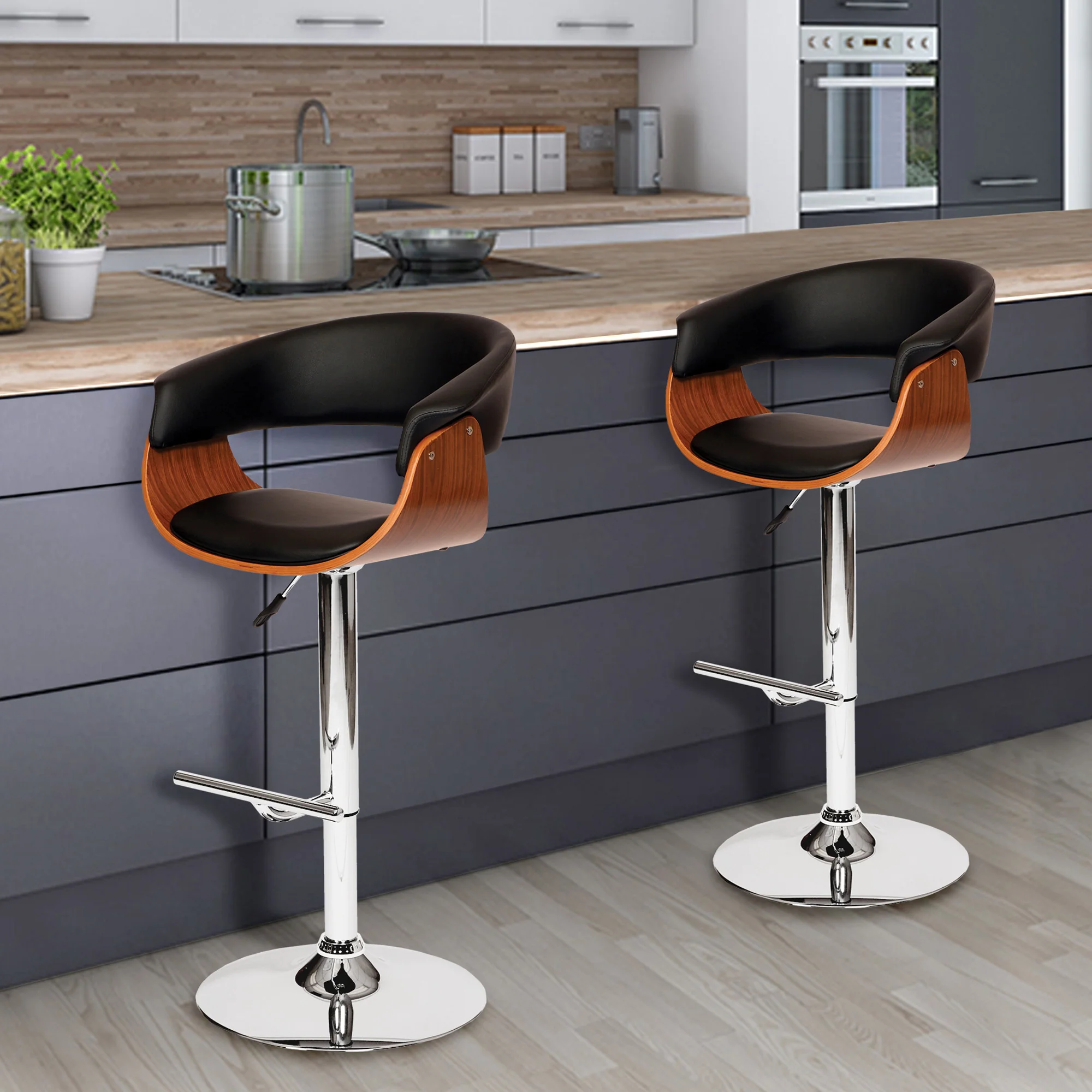 44" Black And Brown Faux Leather And Solid Wood Swivel Low Back Adjustable Height Bar Chair With Footrest By Homeroots - Image 5