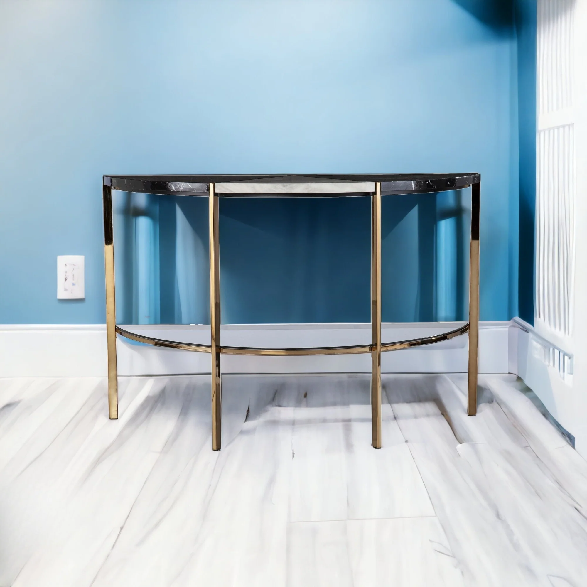 44" Black and White and Champagne Faux Marble Half Moon Console Table With Storage By Homeroots - Image 5