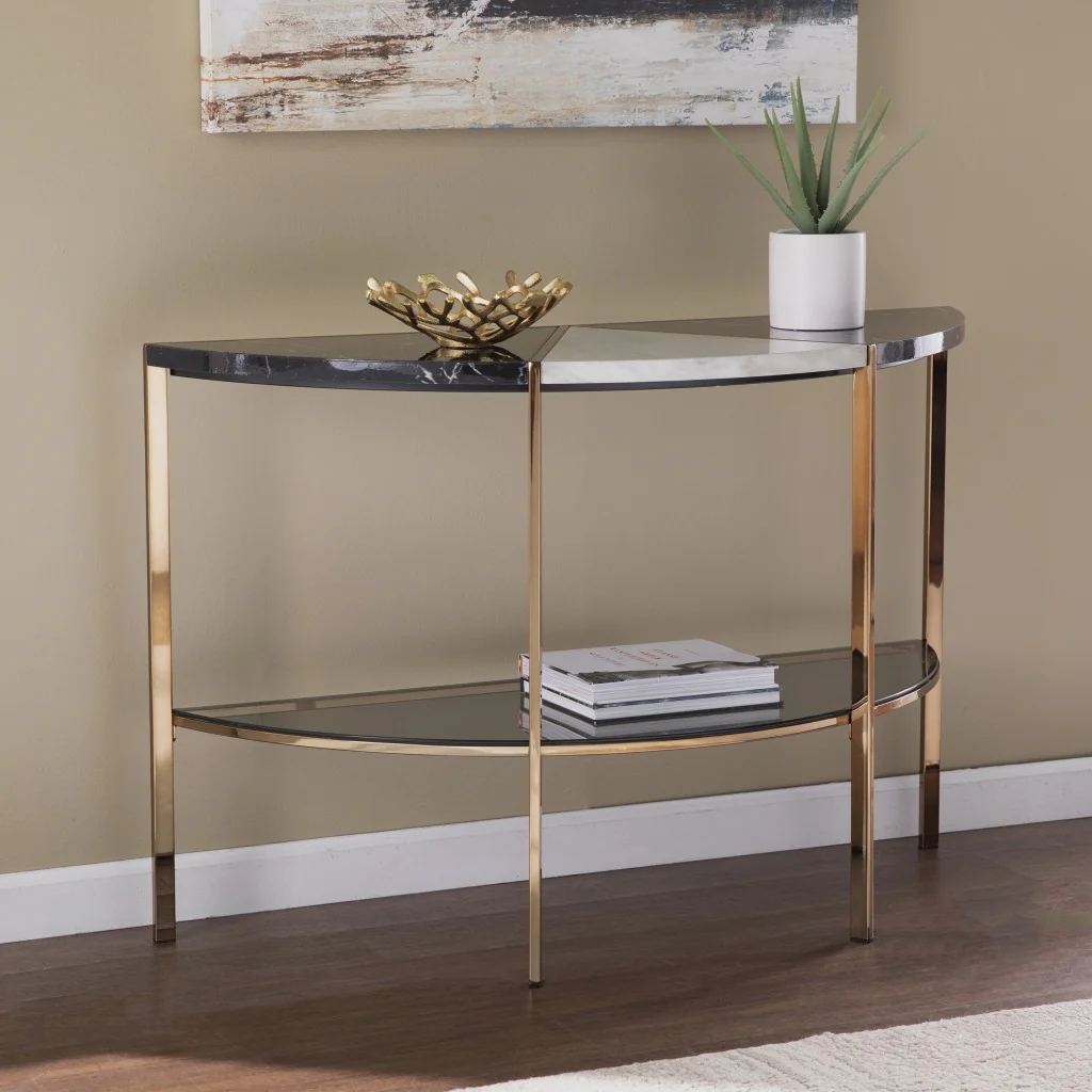 44" Black and White and Champagne Faux Marble Half Moon Console Table With Storage By Homeroots - Image 6