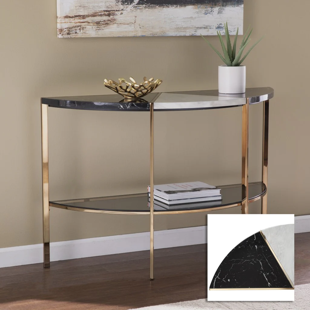 44" Black and White and Champagne Faux Marble Half Moon Console Table With Storage By Homeroots - Image 8