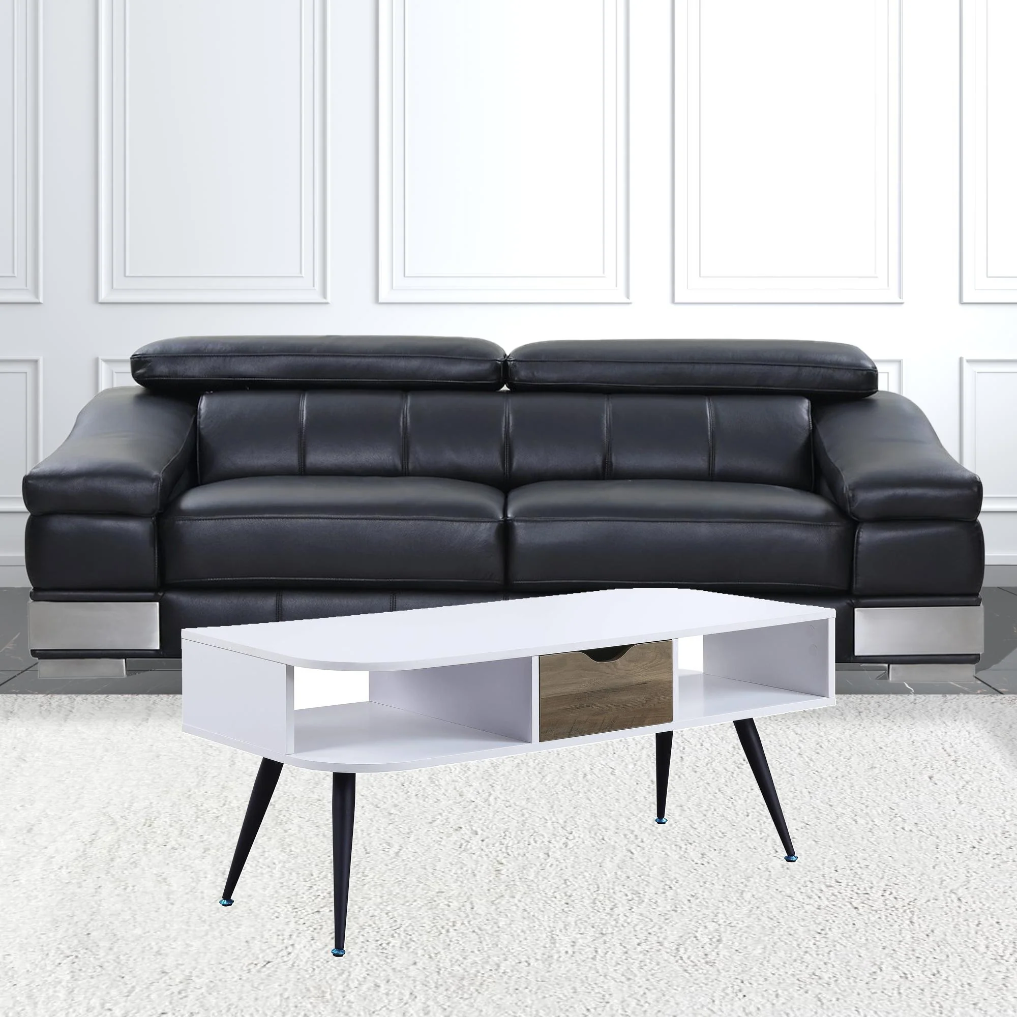 44" Black And White Melamine Veneer And Metal Rectangular Coffee Table With Drawer And Shelf By Homeroots - Image 3