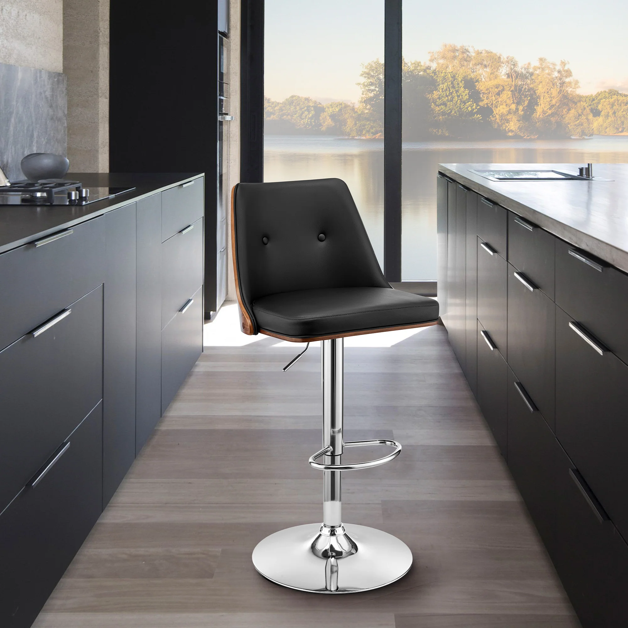 44" Black Faux Leather And Iron Swivel Adjustable Height Bar Chair By Homeroots - Image 9