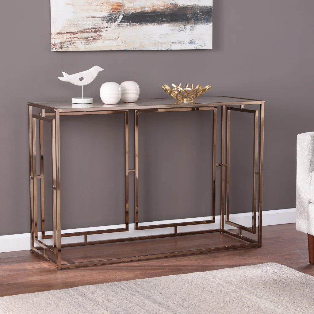 44" Champagne and Gold Faux Marble Frame Console Table By Homeroots - Image 6