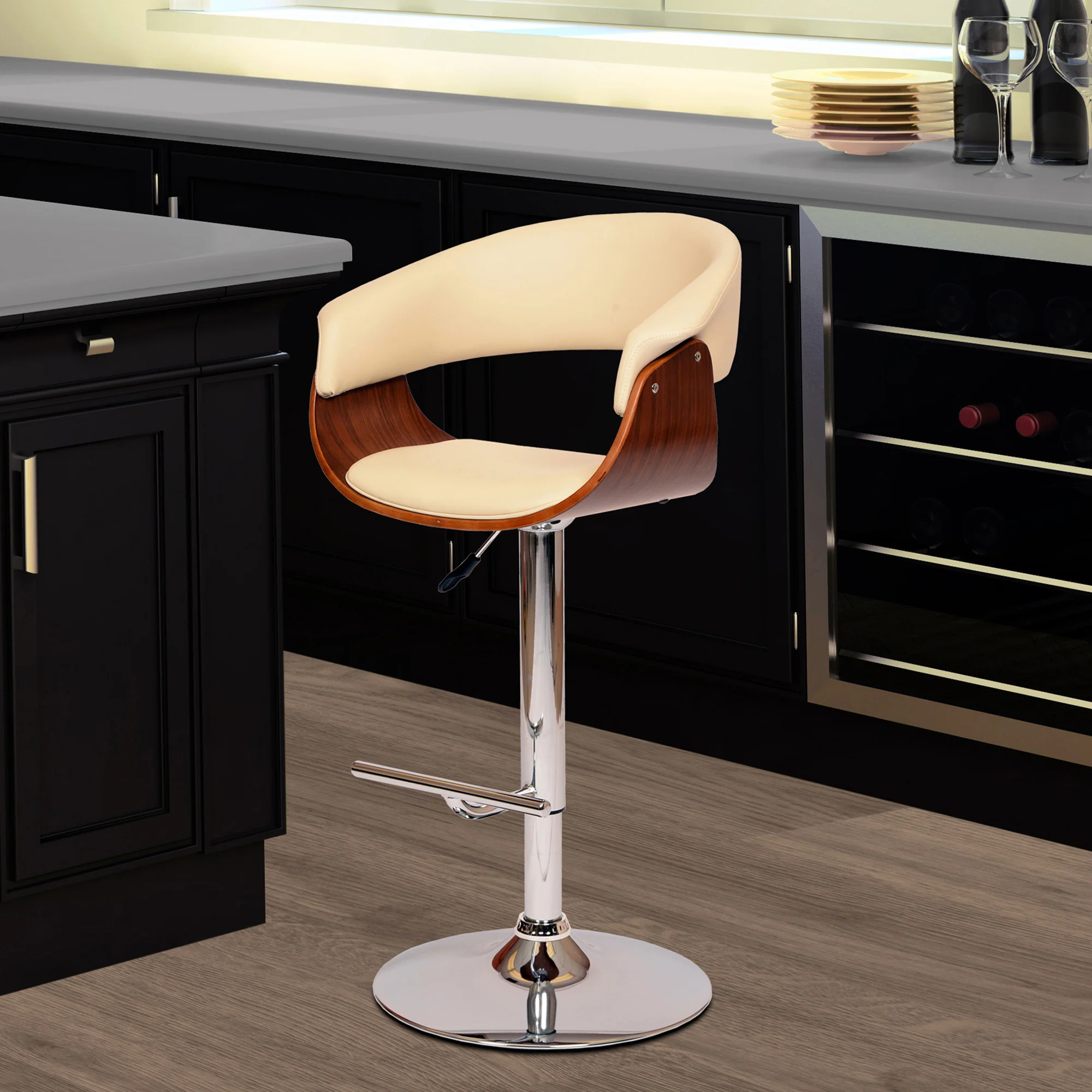 44" Cream And Silver Faux Leather And Solid Wood Swivel Low Back Adjustable Height Bar Chair With Footrest By Homeroots - Image 5