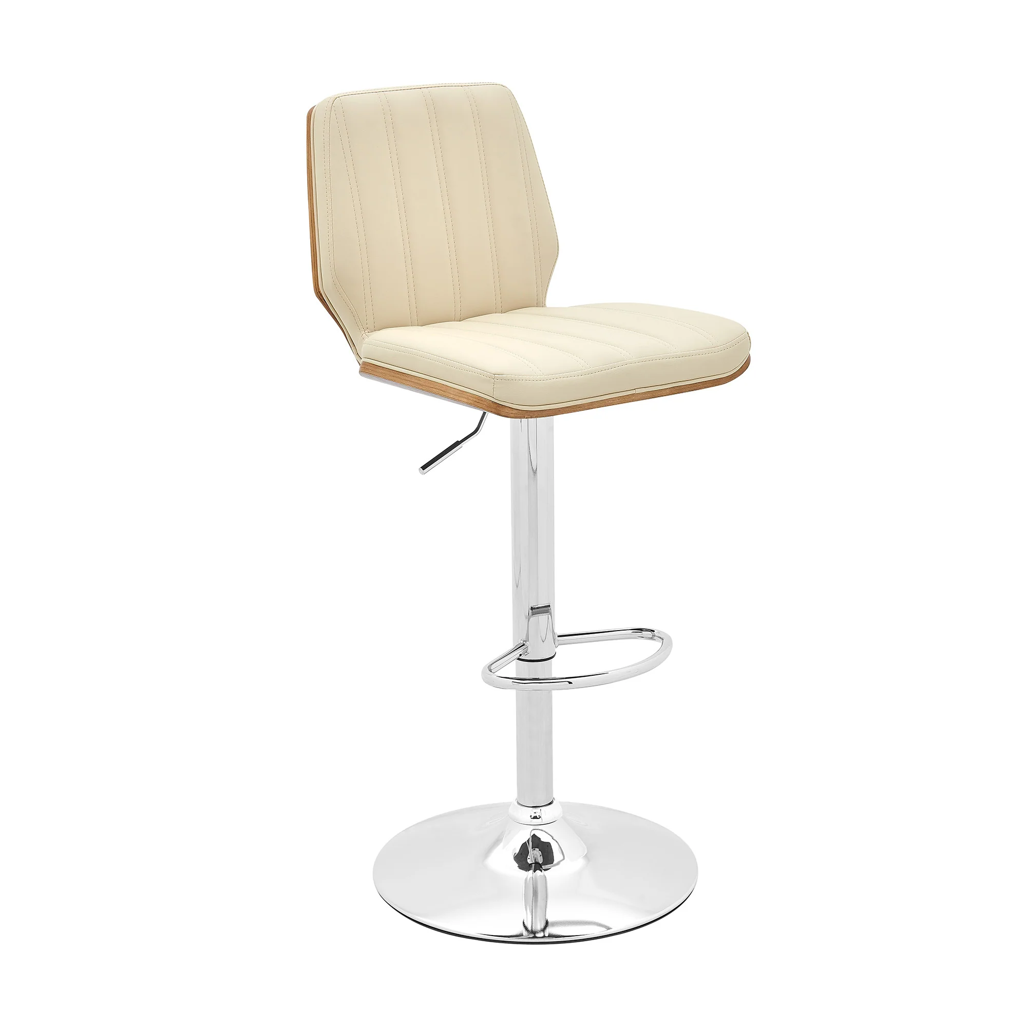 44" Cream And Walnut Faux Leather And Steel Swivel Adjustable Height Bar Chair By Homeroots - Image 3
