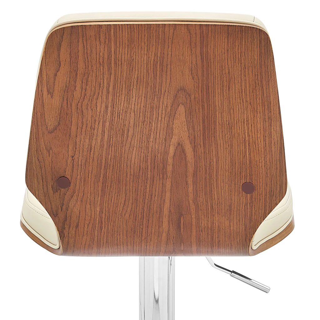 44" Cream And Walnut Faux Leather And Steel Swivel Adjustable Height Bar Chair By Homeroots - Image 8