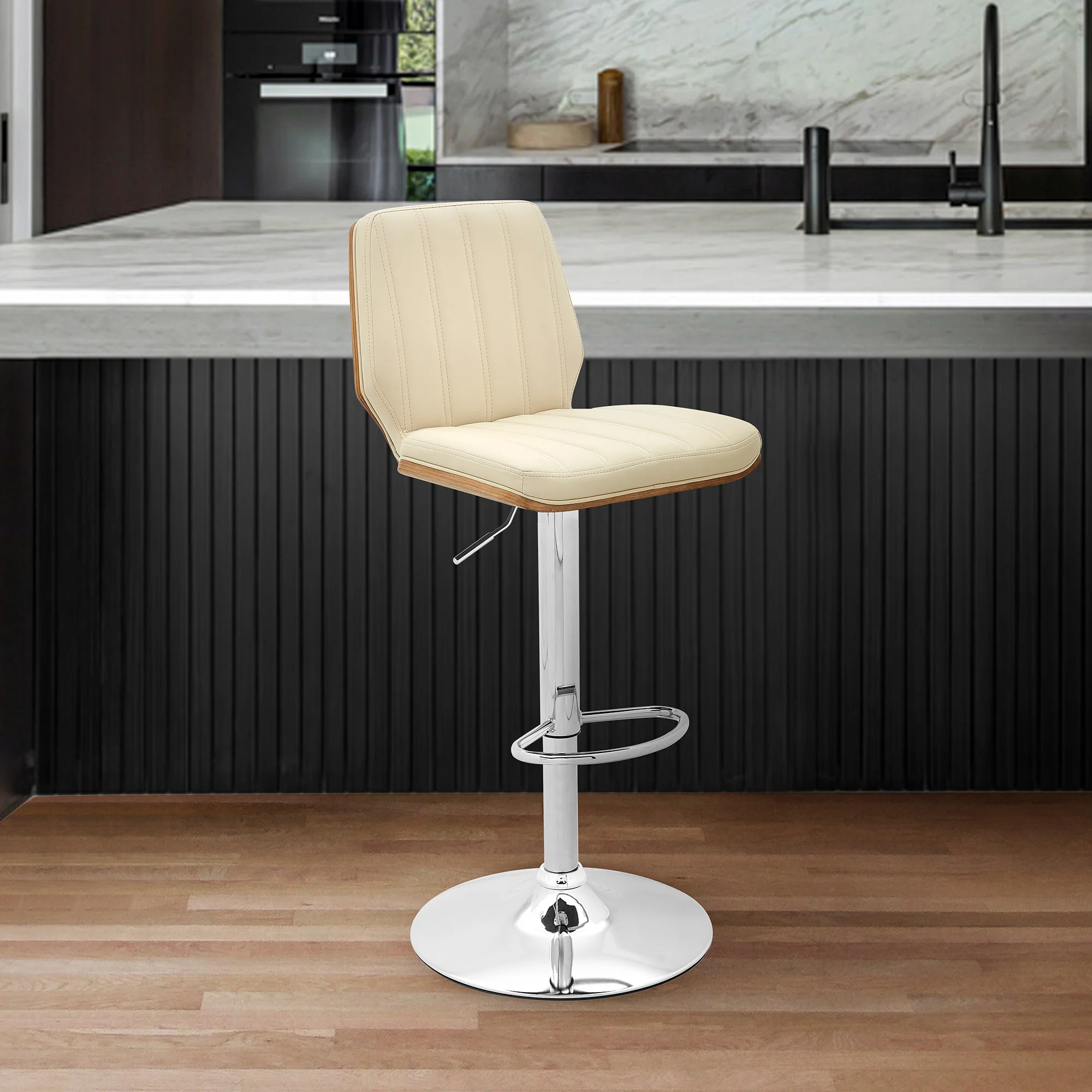 44" Cream And Walnut Faux Leather And Steel Swivel Adjustable Height Bar Chair By Homeroots - Image 9