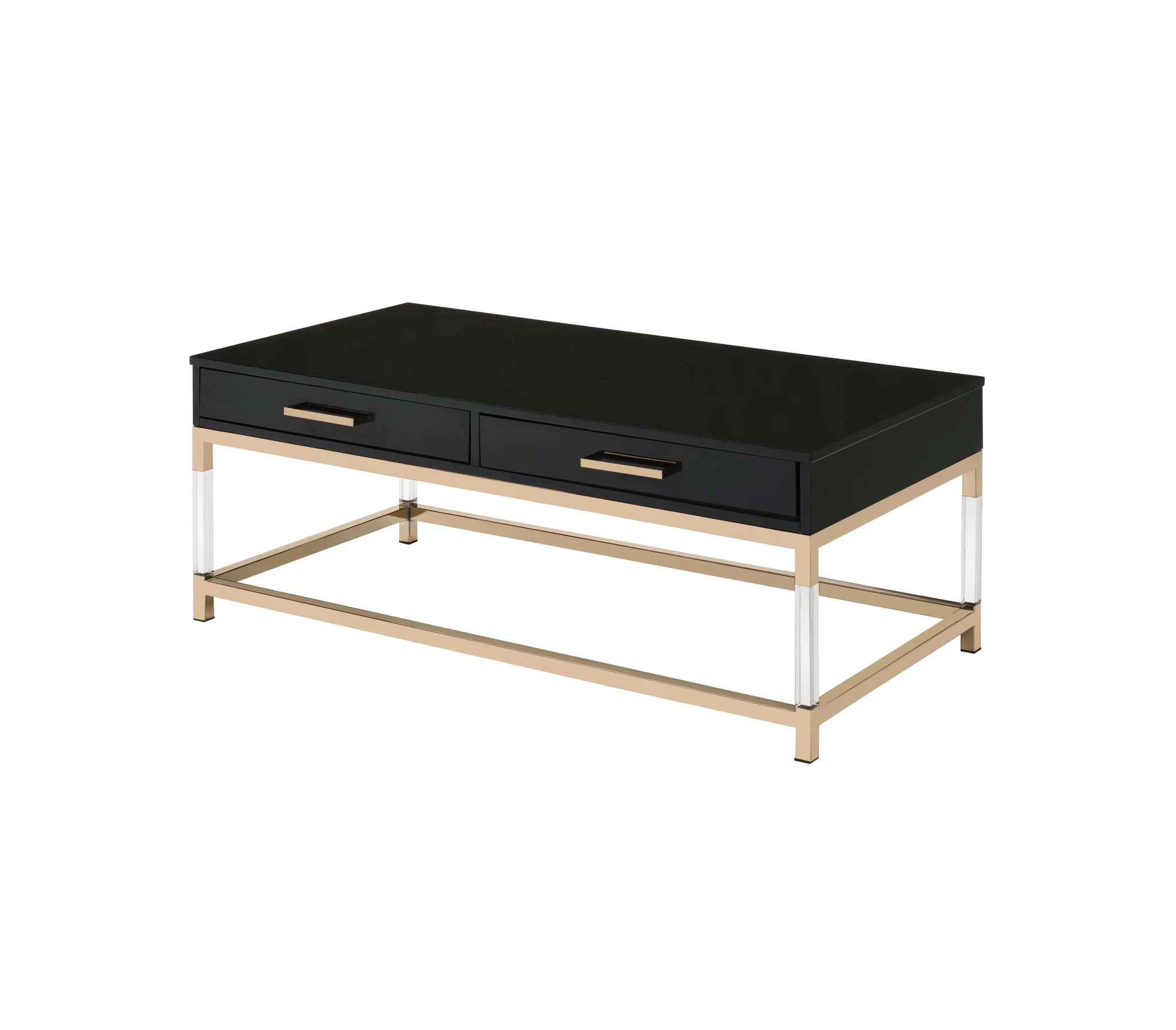 44" Gold And Black High Gloss Manufactured Wood And Metal Rectangular Coffee Table With Two Drawers By Homeroots - Image 2