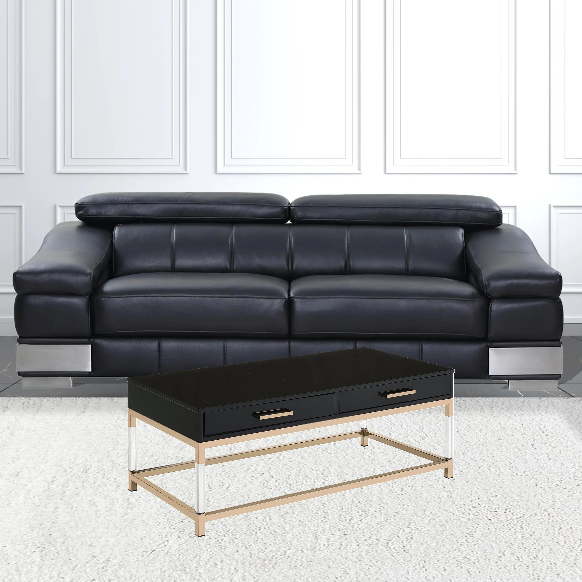 44" Gold And Black High Gloss Manufactured Wood And Metal Rectangular Coffee Table With Two Drawers By Homeroots - Image 3