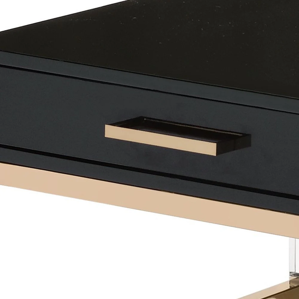 44" Gold And Black High Gloss Manufactured Wood And Metal Rectangular Coffee Table With Two Drawers By Homeroots - Image 4