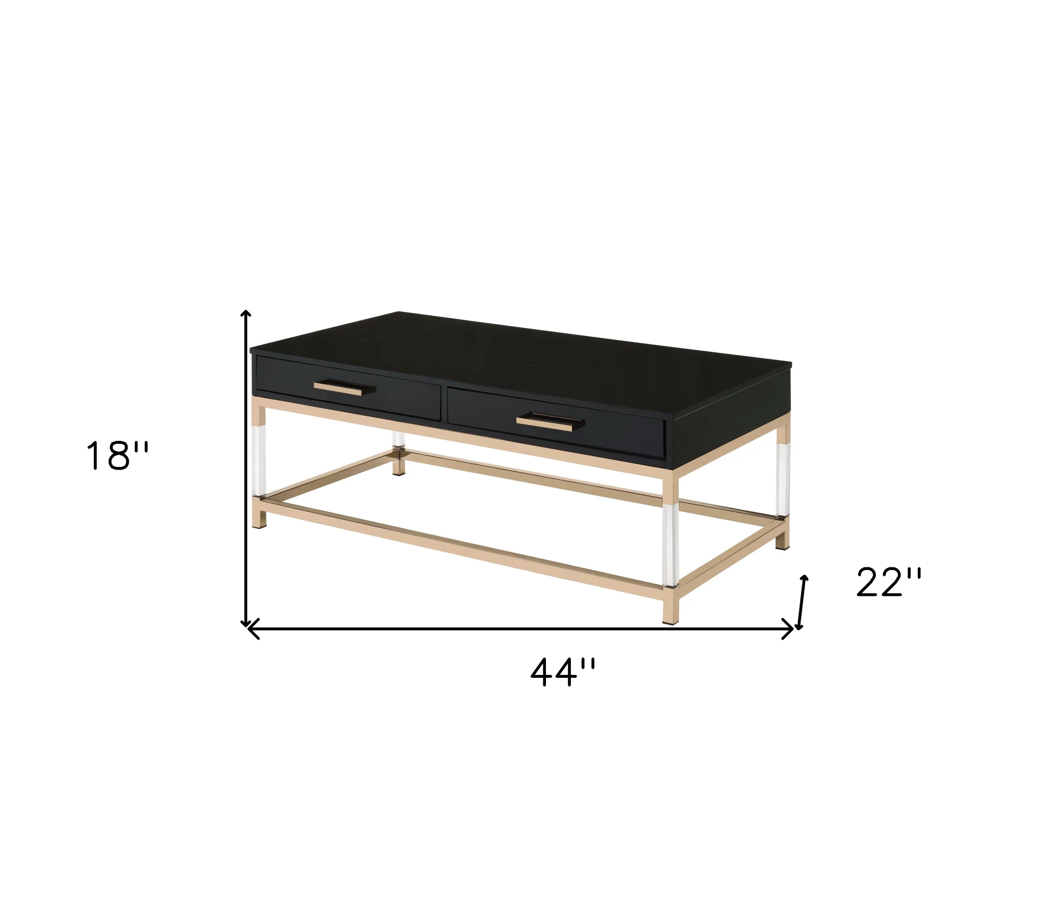 44" Gold And Black High Gloss Manufactured Wood And Metal Rectangular Coffee Table With Two Drawers By Homeroots - Image 6