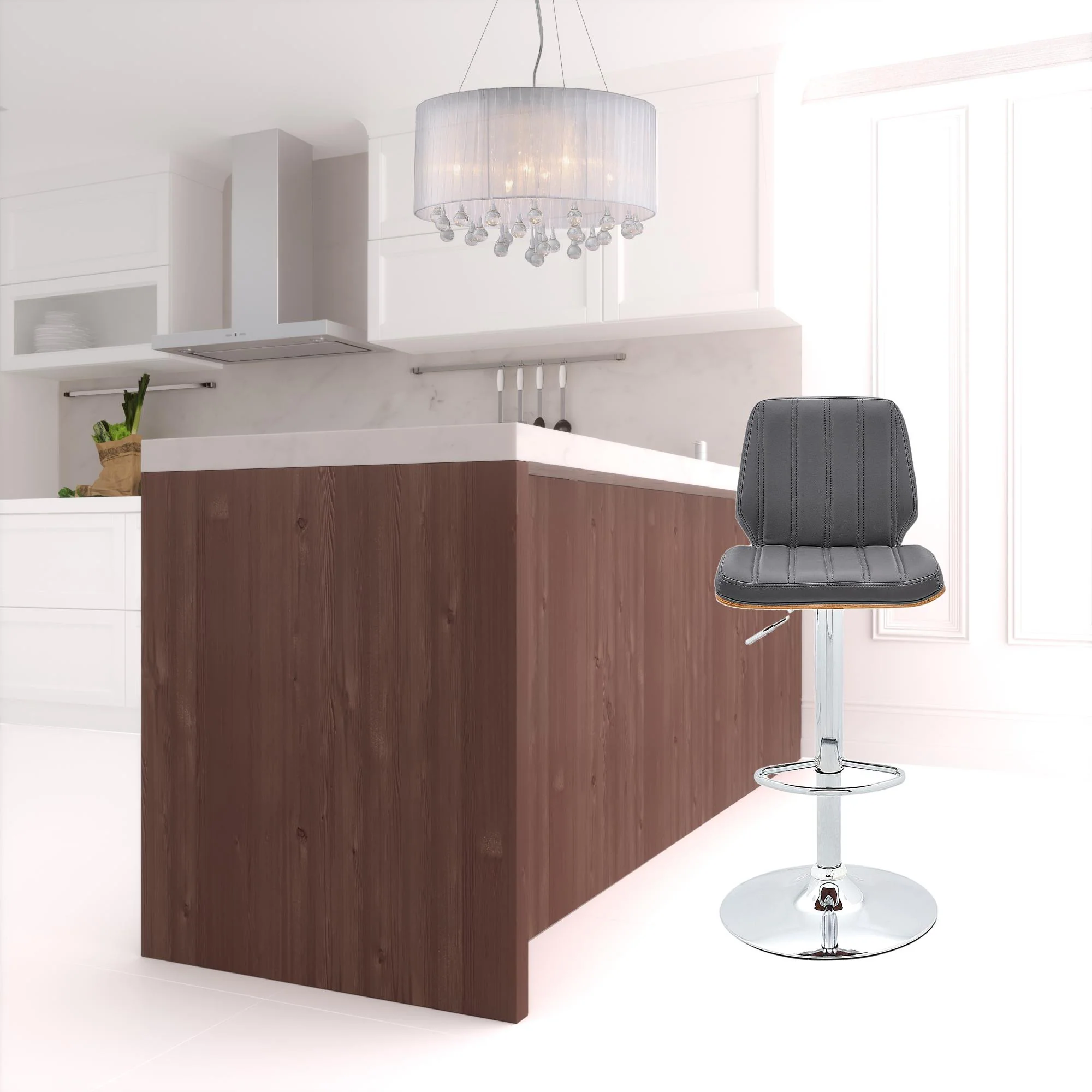 44" Gray Faux Leather And Manufactured Wood Swivel Adjustable Height Bar Chair By Homeroots - Image 2