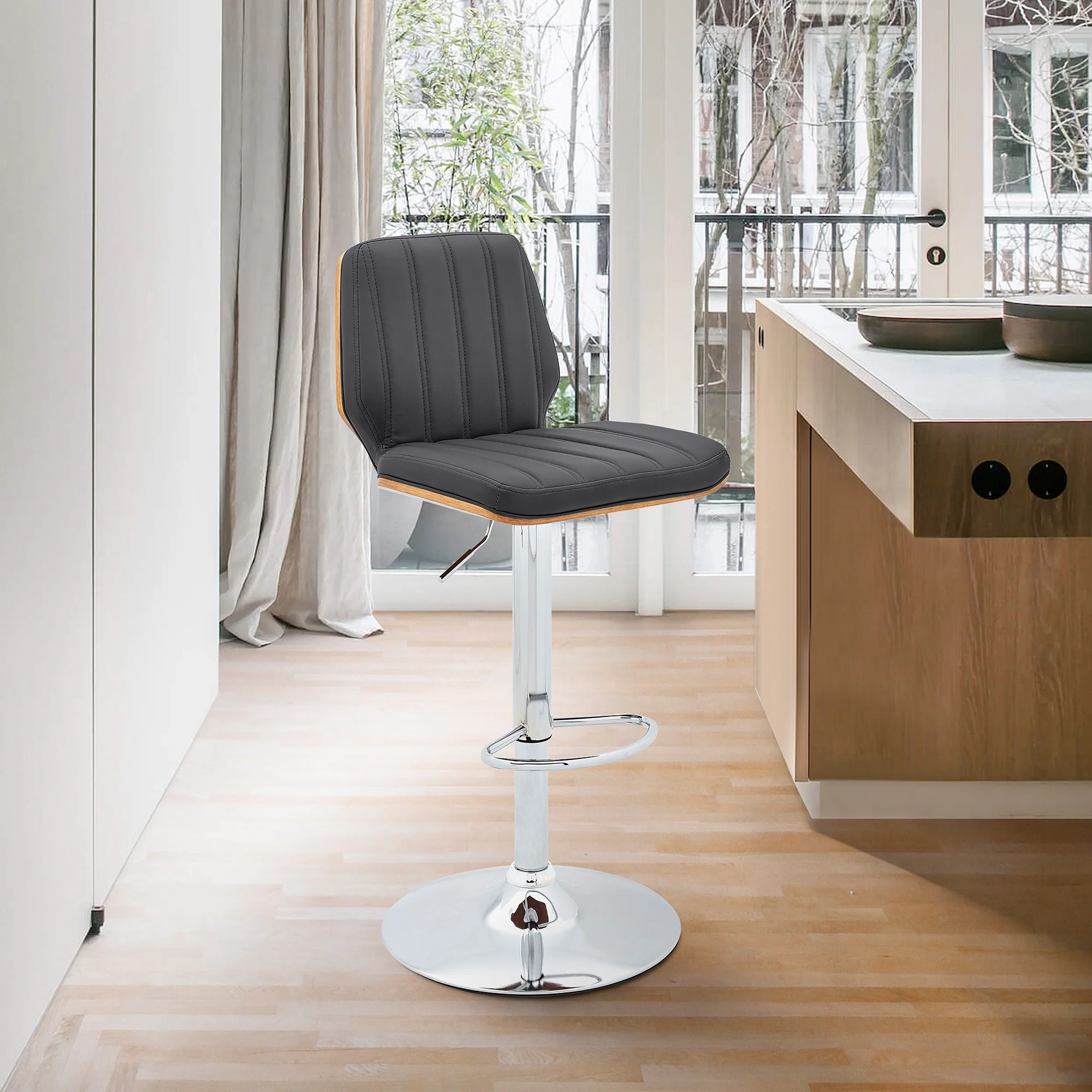 44" Gray Faux Leather And Manufactured Wood Swivel Adjustable Height Bar Chair By Homeroots - Image 9