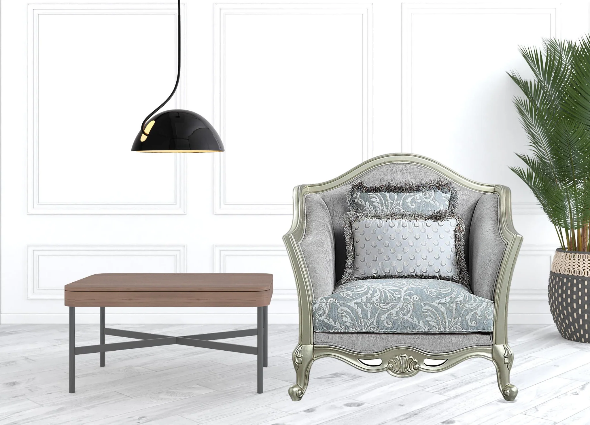 44" Light Gray Linen And Champagne Floral Arm Chair By Homeroots - Image 2