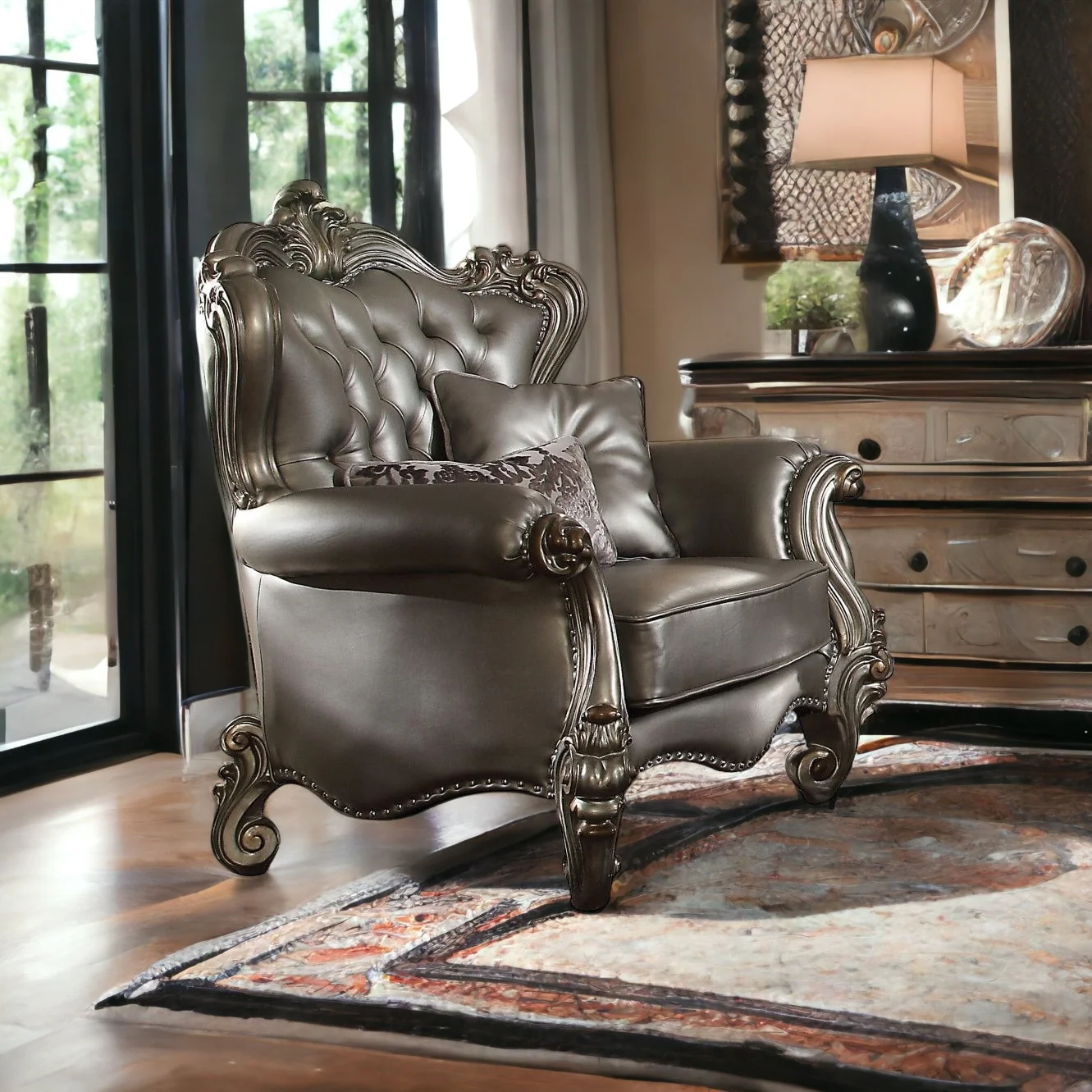 44" Silver and Platinum Faux Leather Tufted Wingback Chair By Homeroots - Image 2