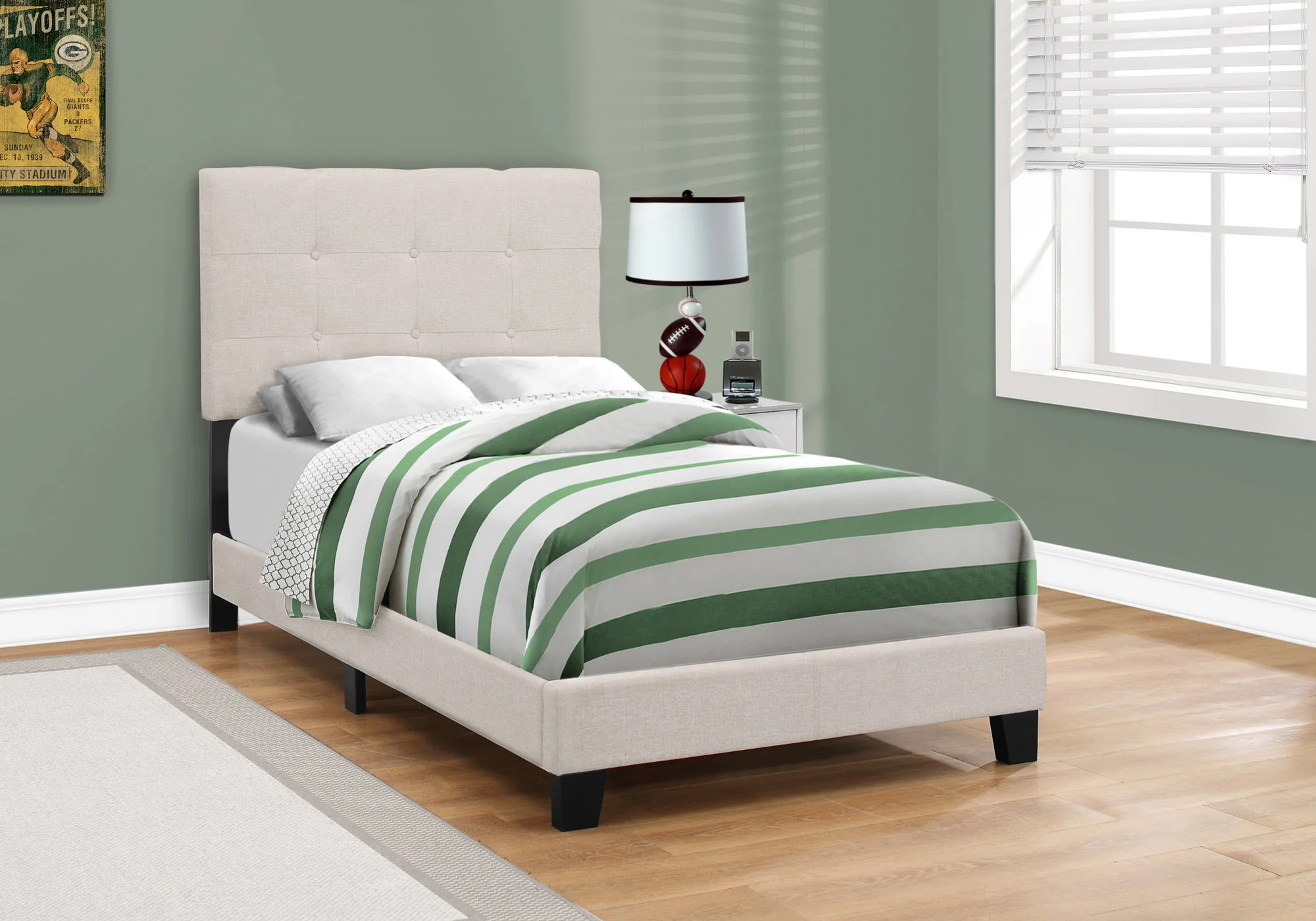45.75" Beige Solid Wood Mdf Foam And Linen Twin Size Bed By Homeroots - Image 3