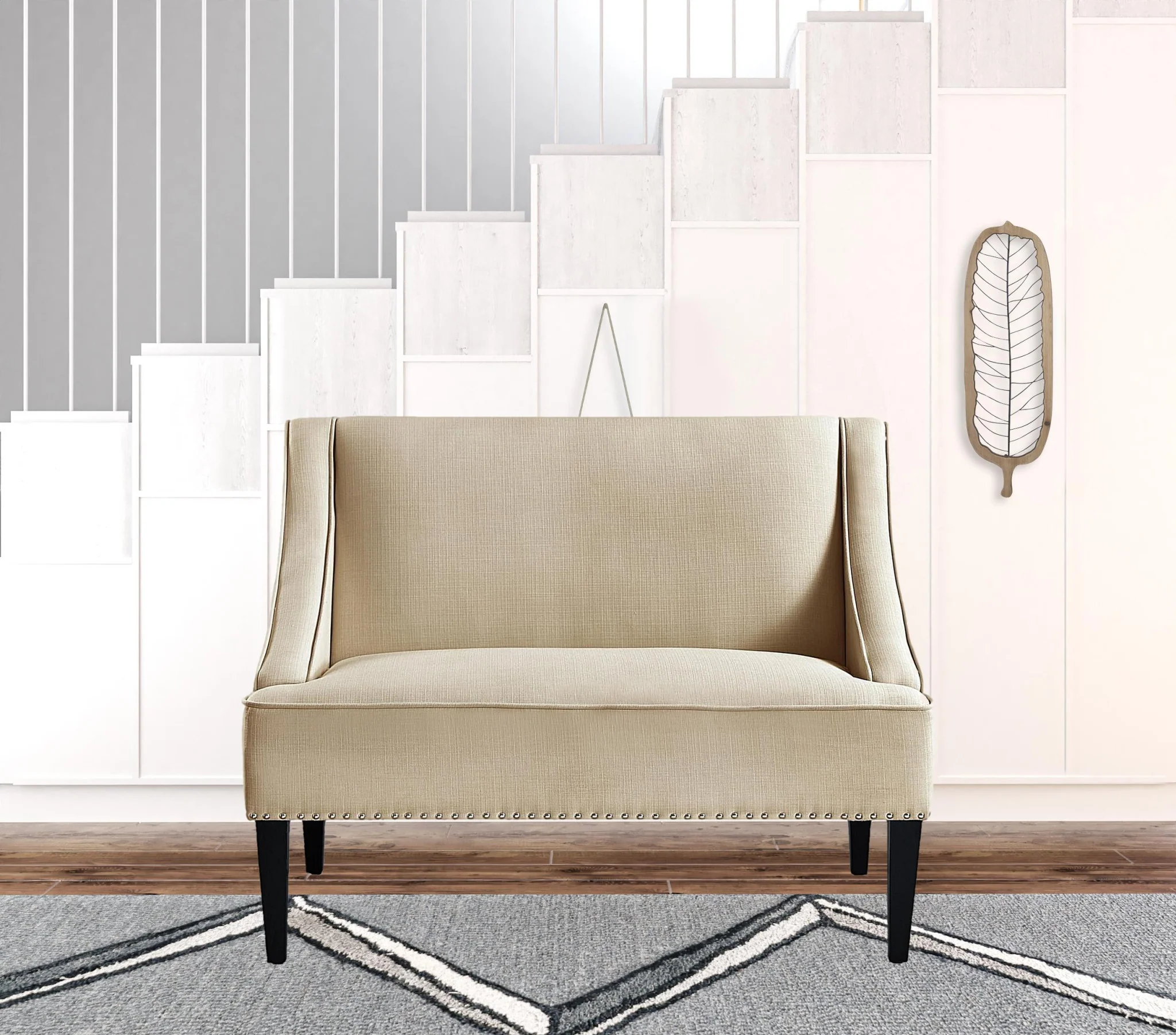 45" Beige And Black Upholstered Linen Bench By Homeroots - Image 5