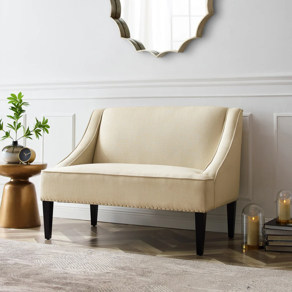 45" Beige And Black Upholstered Linen Bench By Homeroots - Image 8