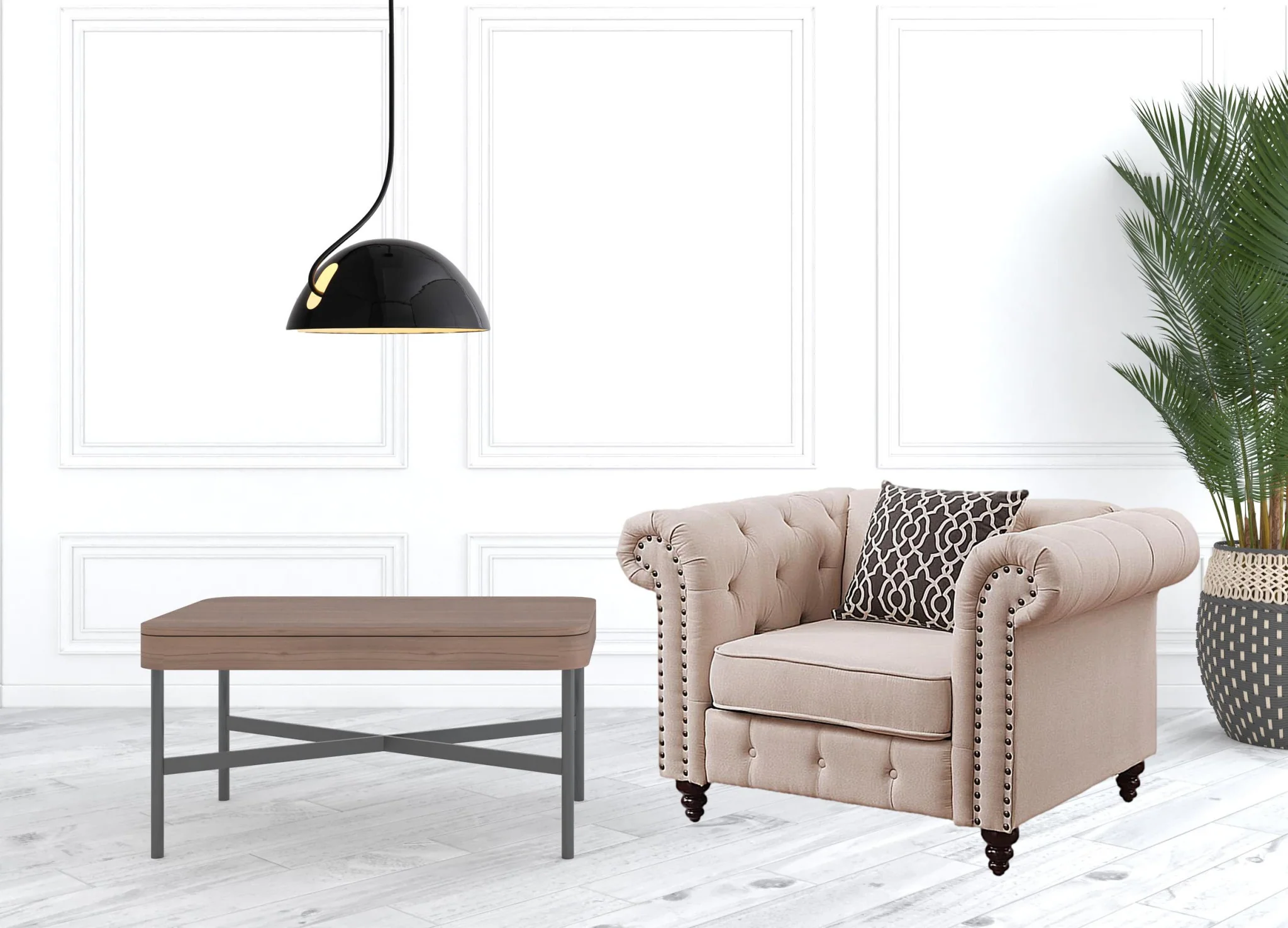 45" Beige Linen And Black Tufted Chesterfield Chair By Homeroots - Image 2