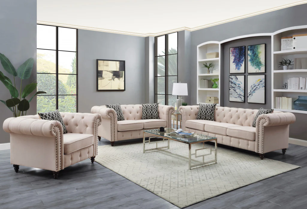 45" Beige Linen And Black Tufted Chesterfield Chair By Homeroots - Image 3