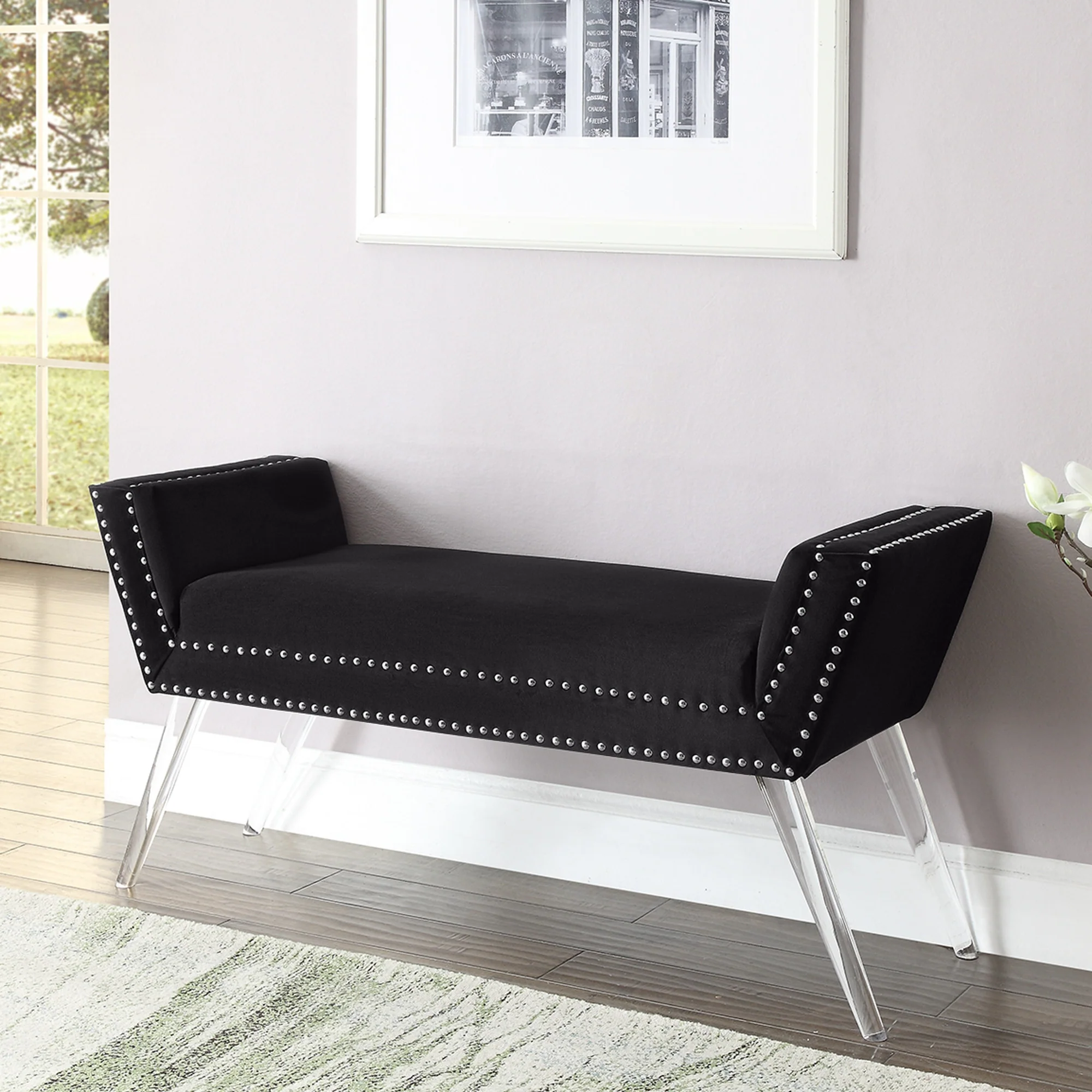 45" Black And Clear Upholstered Velvet Bench By Homeroots - Image 7