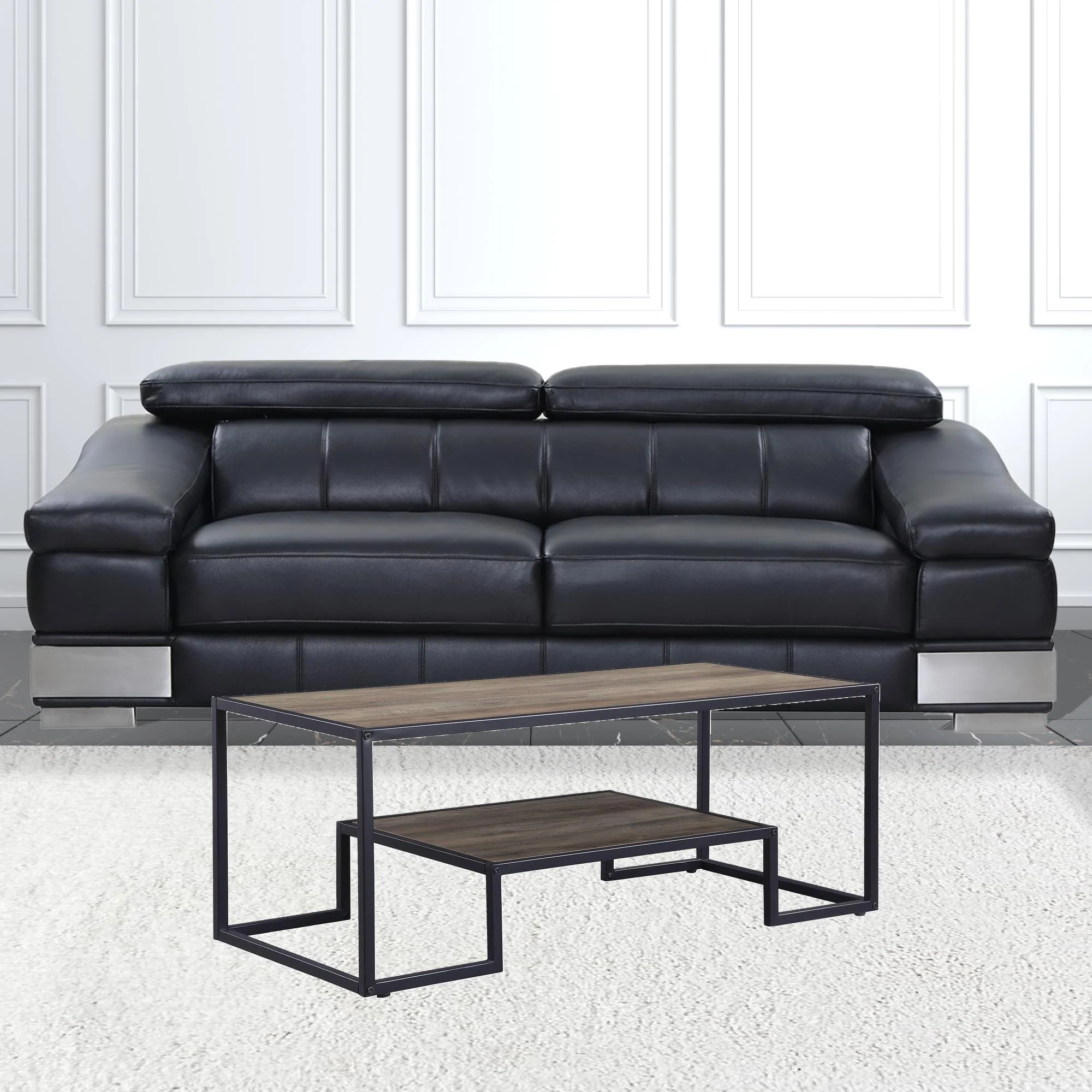 45" Black And Rustic Oak Paper Veneer And Metal Rectangular Coffee Table With Shelf By Homeroots - Image 3