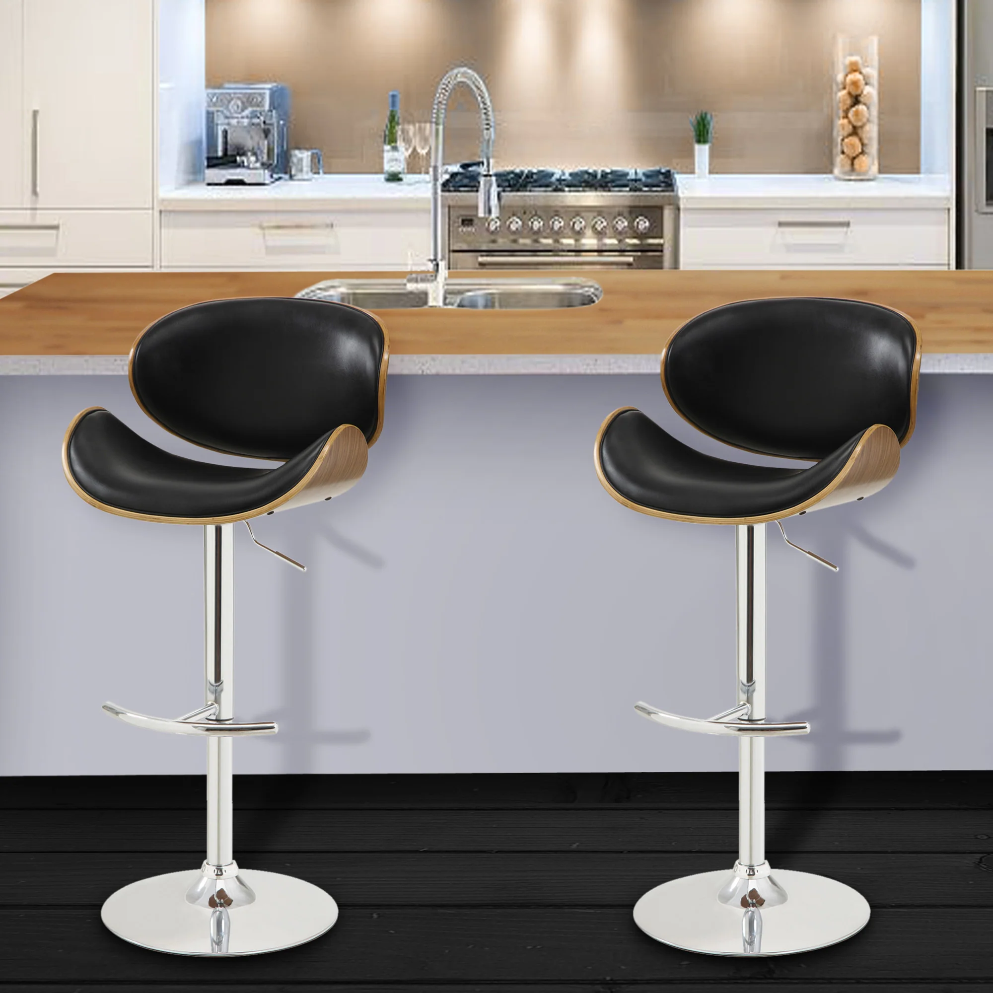 45" Black And Silver Faux Leather And Solid Wood Swivel Low Back Adjustable Height Bar Chair With Footrest By Homeroots - Image 9