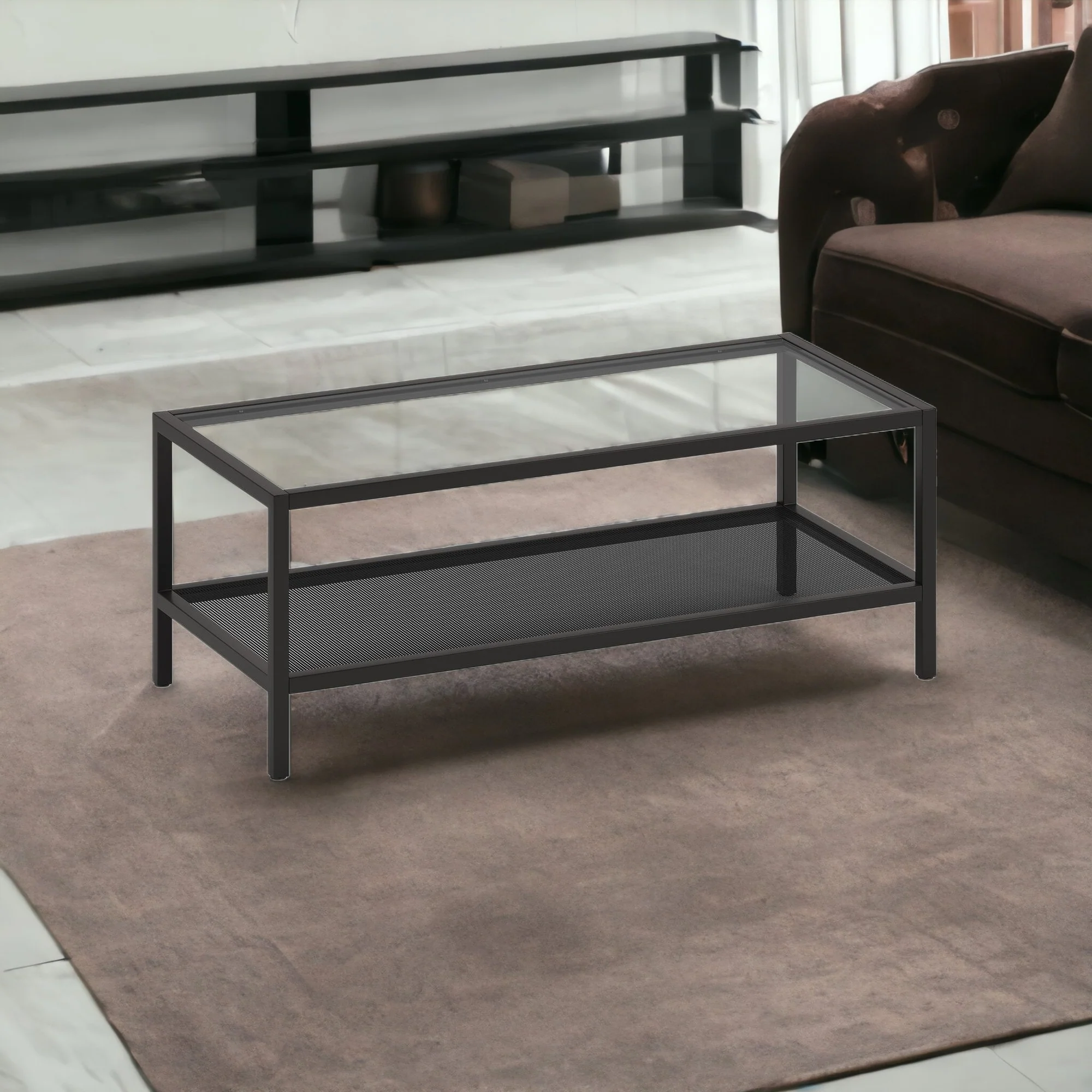 45" Black Glass Rectangular Coffee Table With Shelf By Homeroots - Image 4