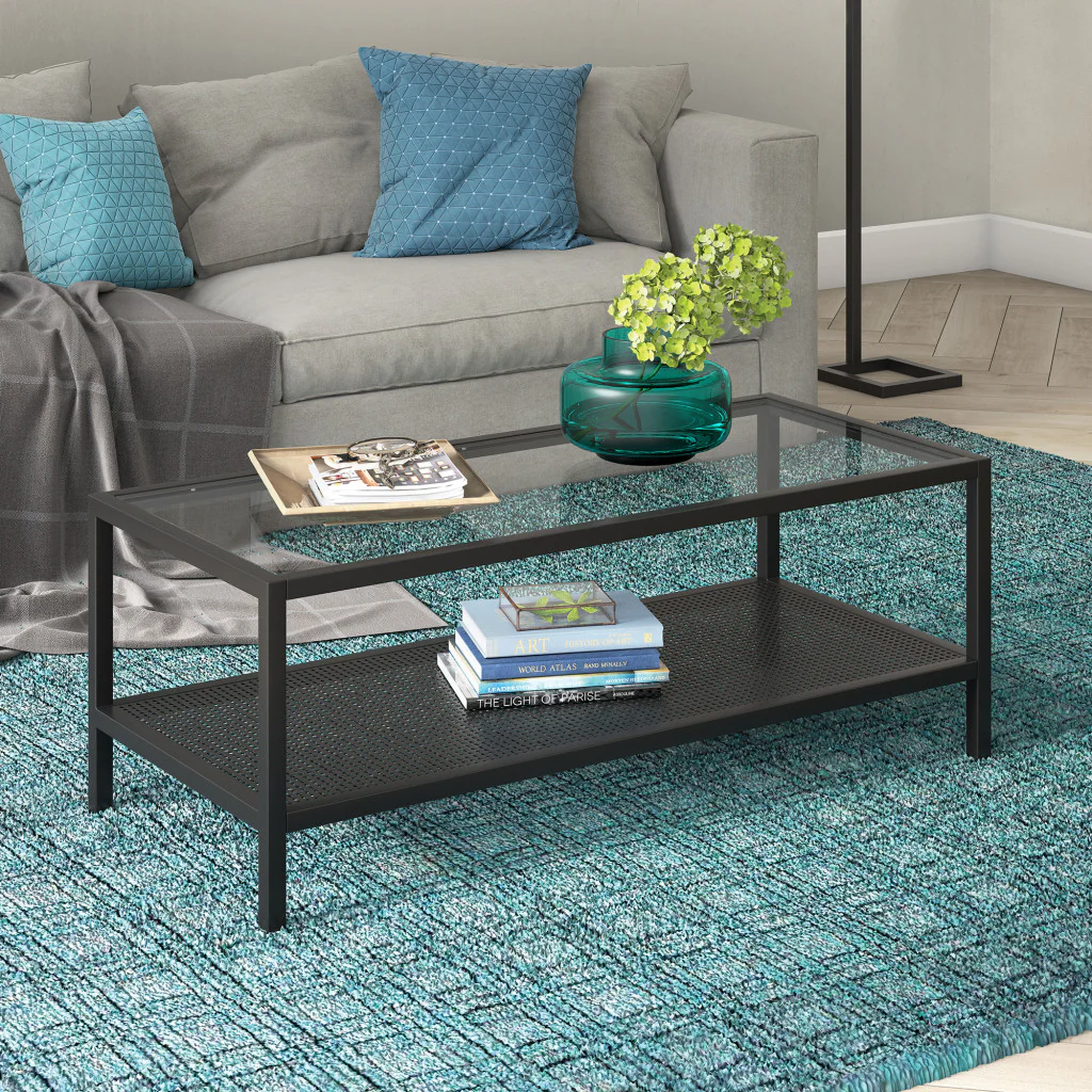 45" Black Glass Rectangular Coffee Table With Shelf By Homeroots - Image 5