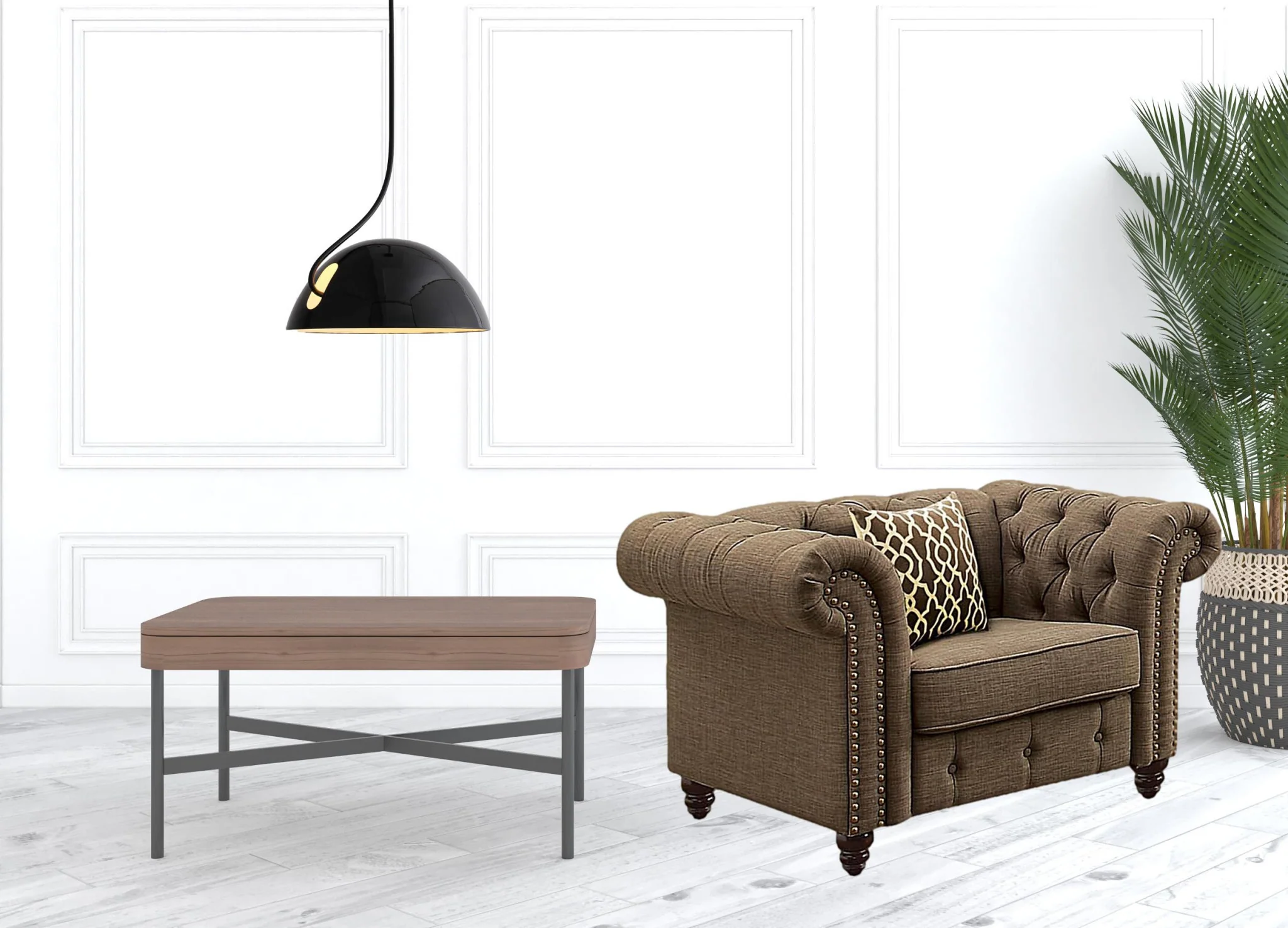 45" Brown Linen And Black Tufted Chesterfield Chair By Homeroots - Image 2